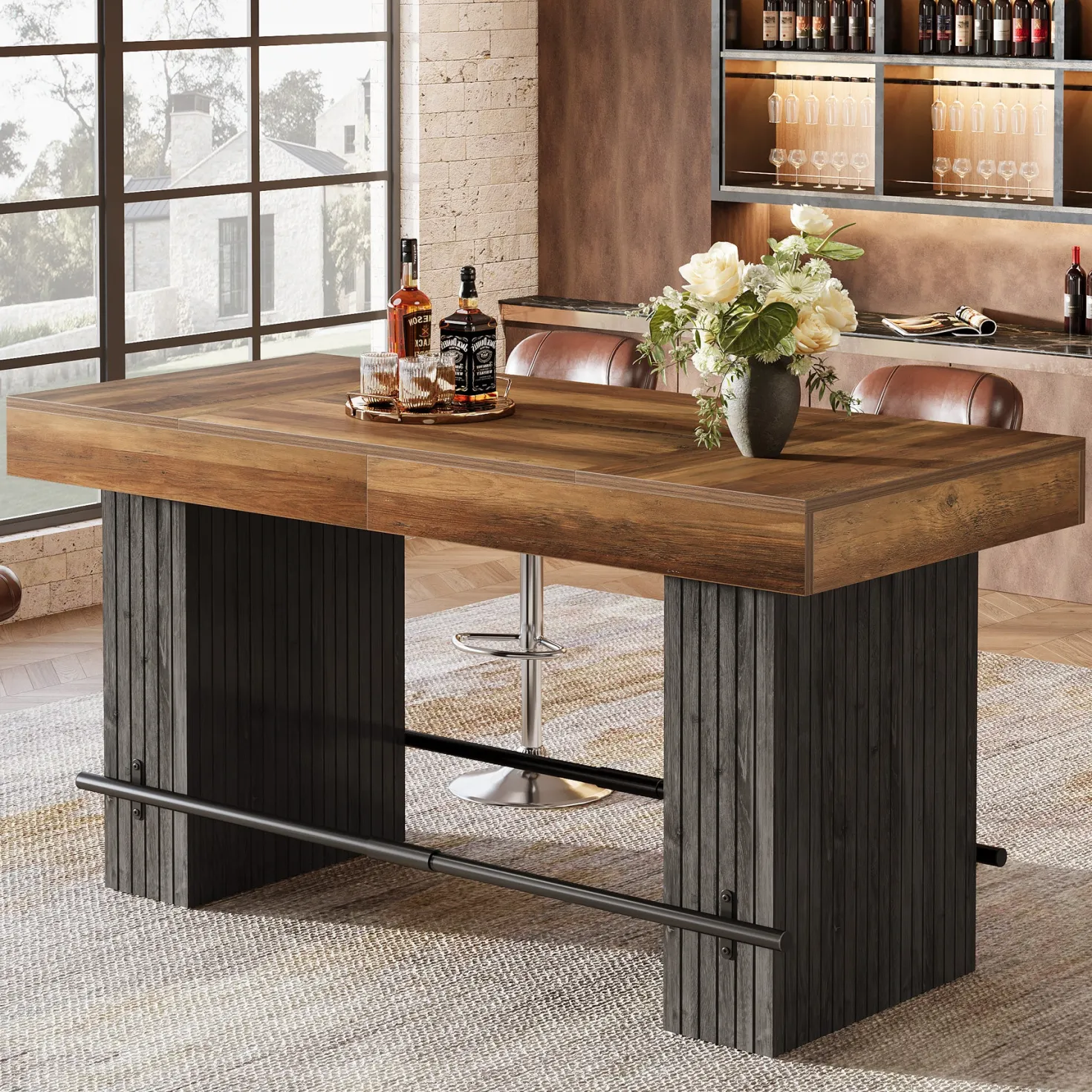 62.2" Bar Table, Industrial Counter Height Pub Dining Table