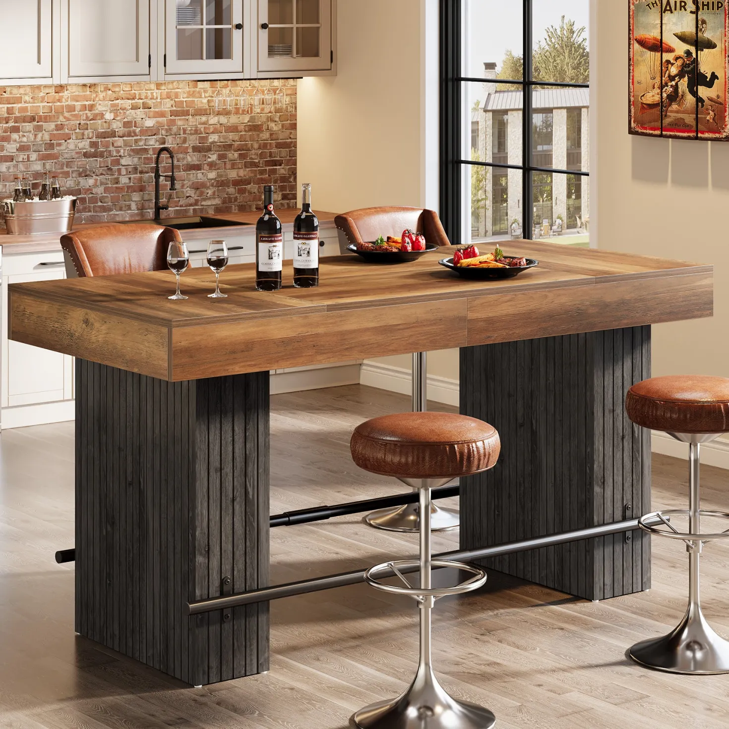 62.2" Bar Table, Industrial Counter Height Pub Dining Table