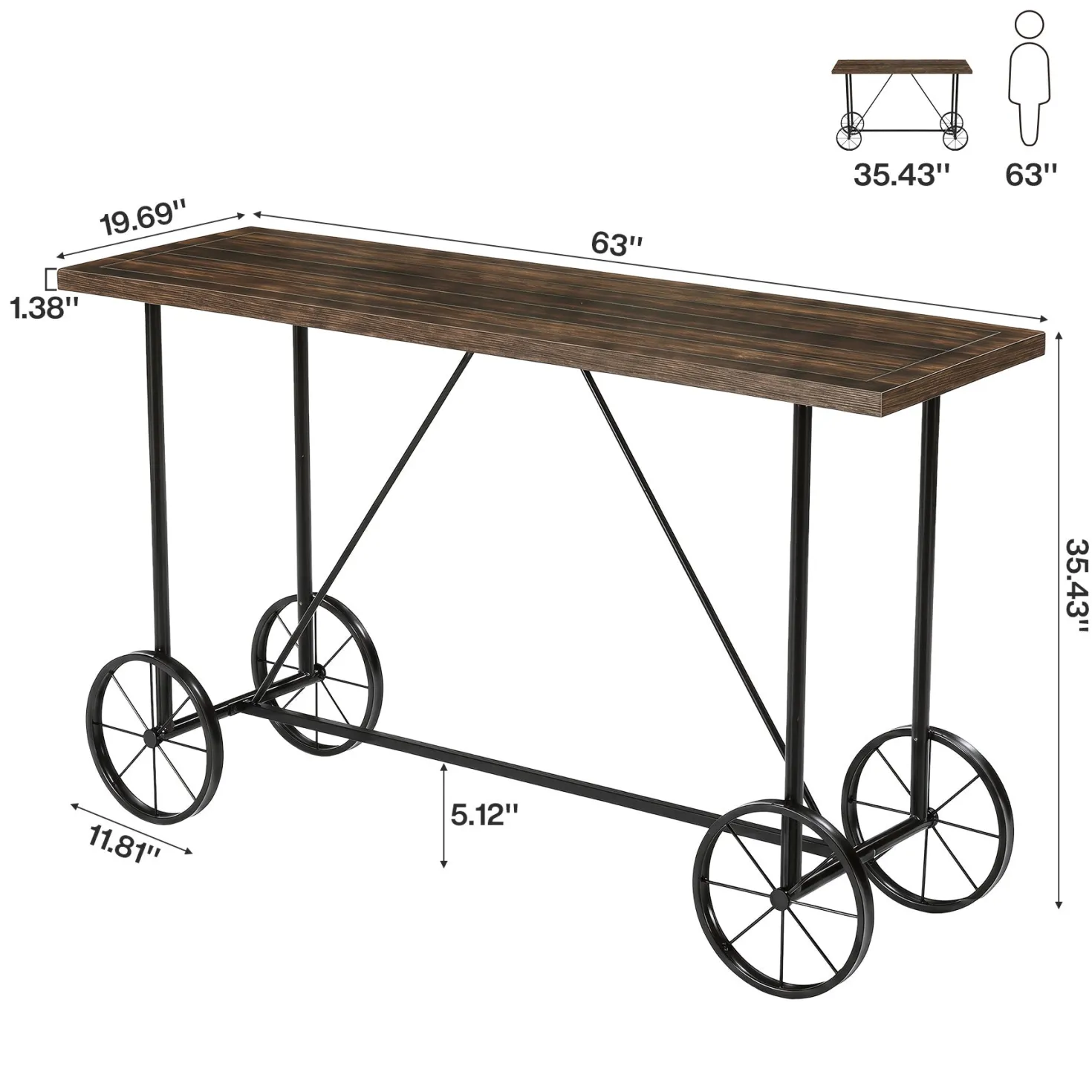 63" Bar Table, Industrial Counter Height Dining Table with Bicycle-Inspired Metal Base