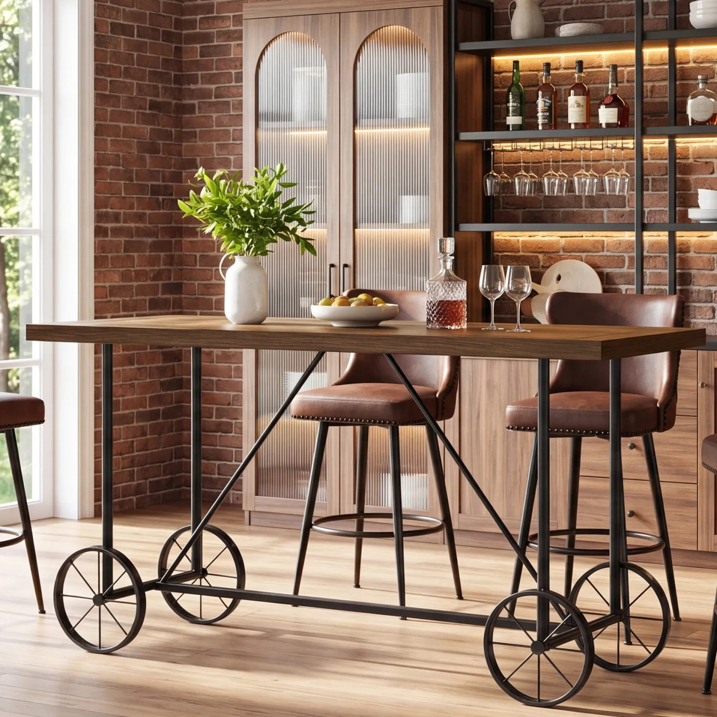 63" Bar Table, Industrial Counter Height Dining Table with Bicycle-Inspired Metal Base