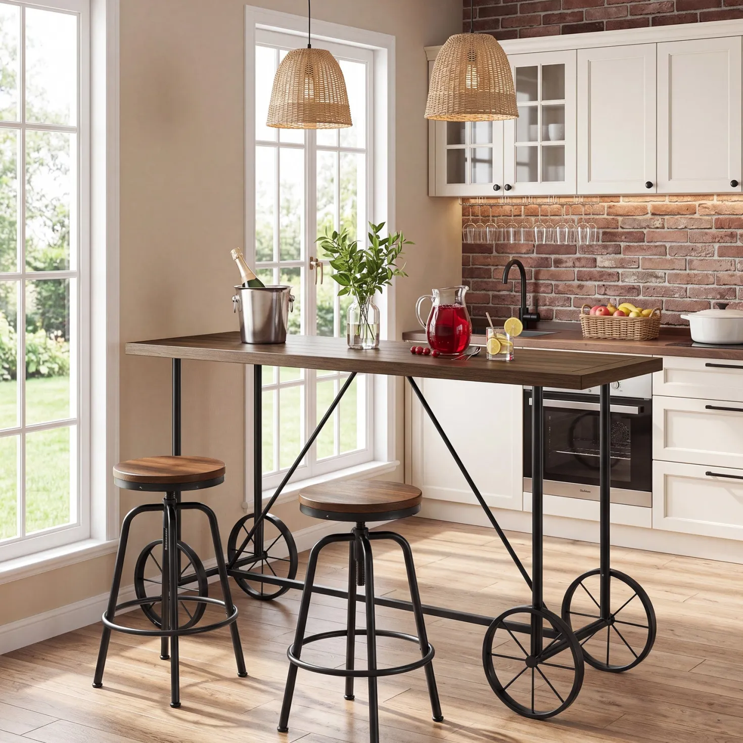 63" Bar Table, Industrial Counter Height Dining Table with Bicycle-Inspired Metal Base