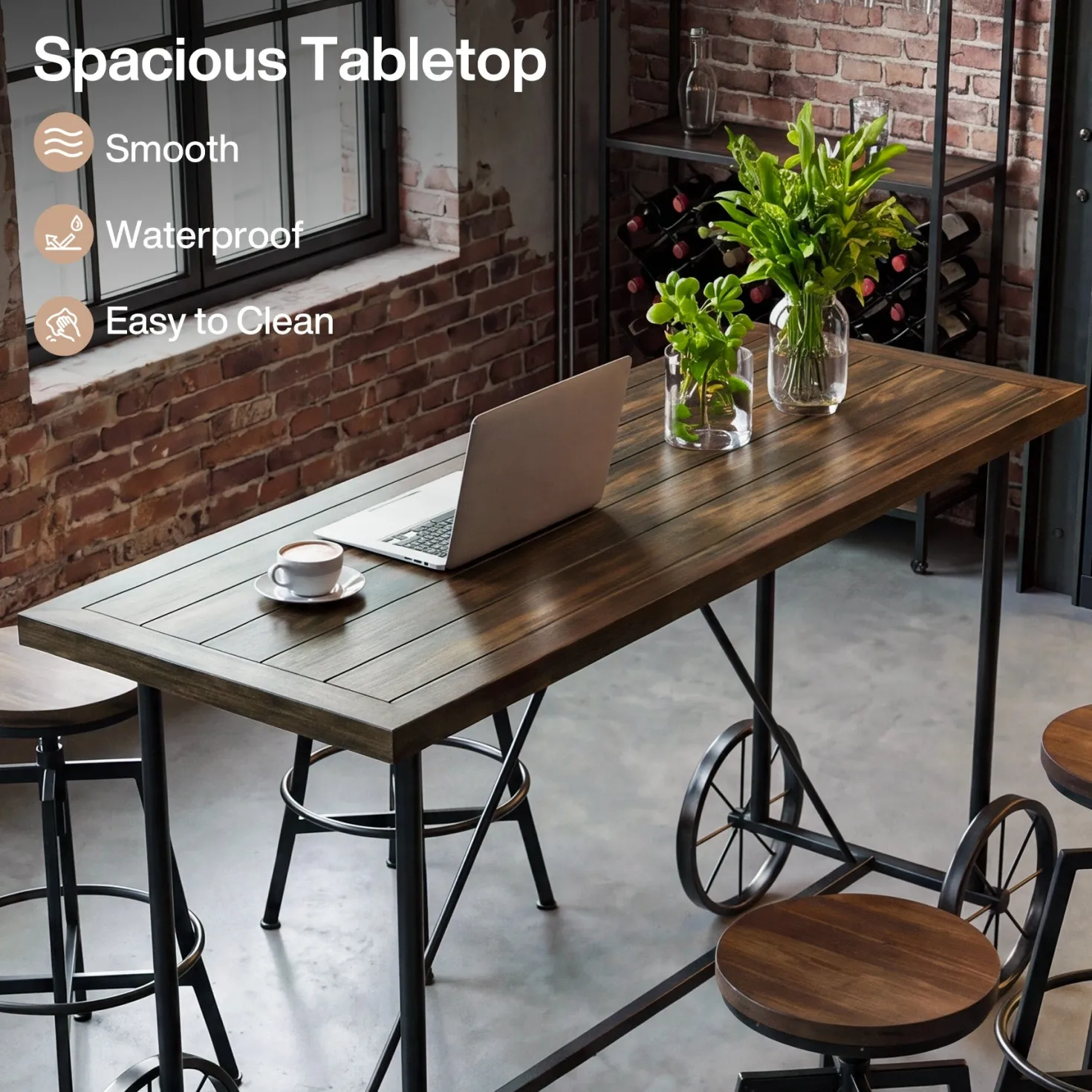 63" Bar Table, Industrial Counter Height Dining Table with Bicycle-Inspired Metal Base