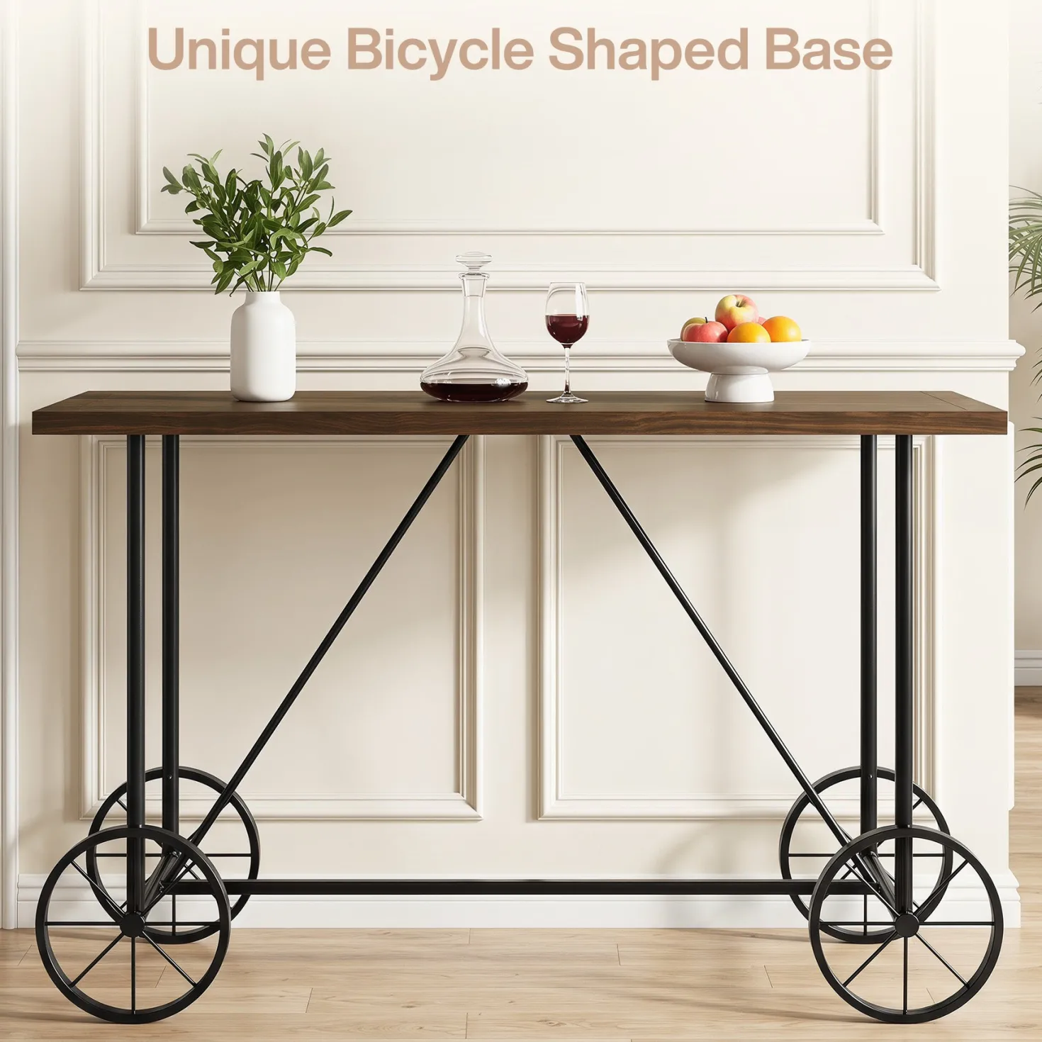 63" Bar Table, Industrial Counter Height Dining Table with Bicycle-Inspired Metal Base