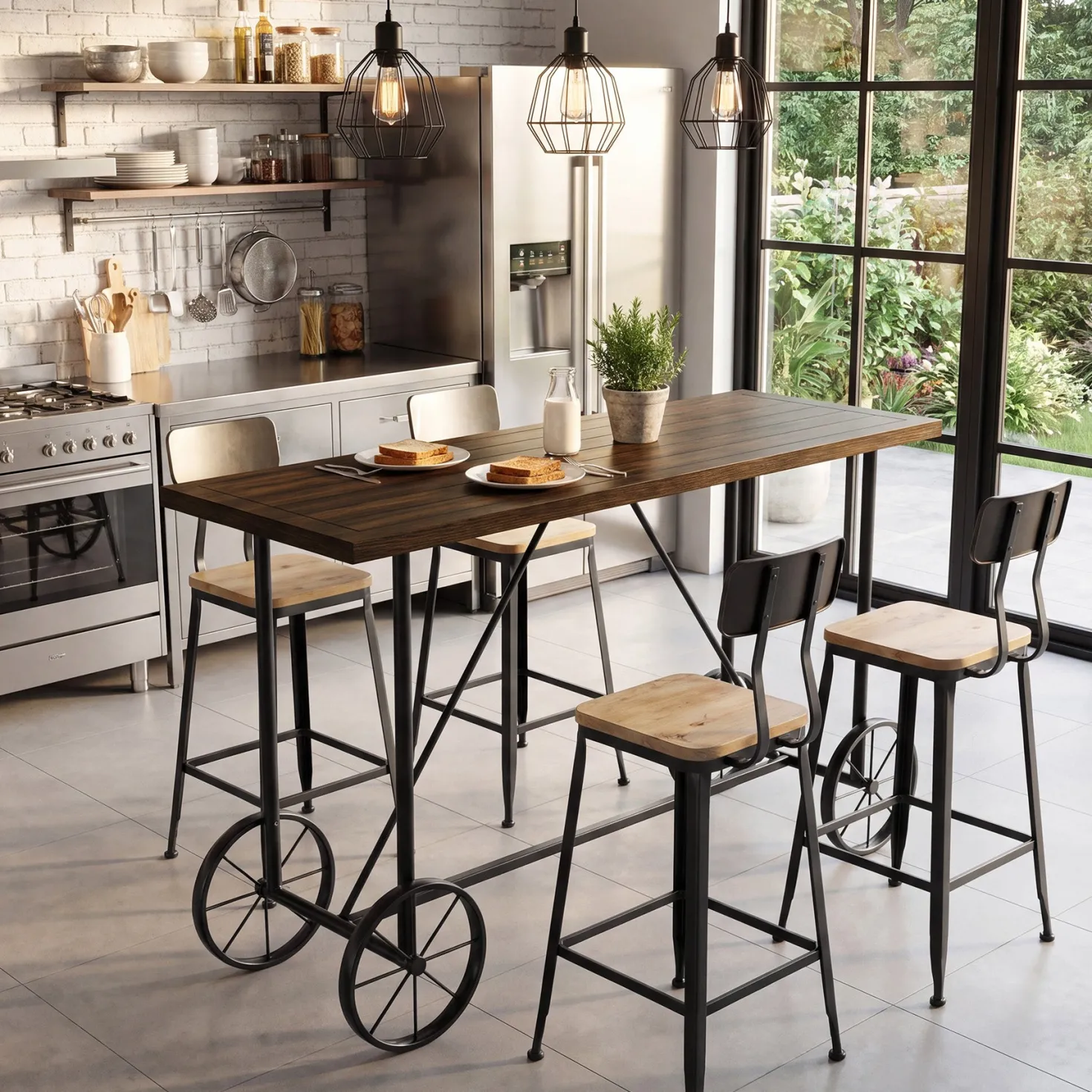 63" Bar Table, Industrial Counter Height Dining Table with Bicycle-Inspired Metal Base