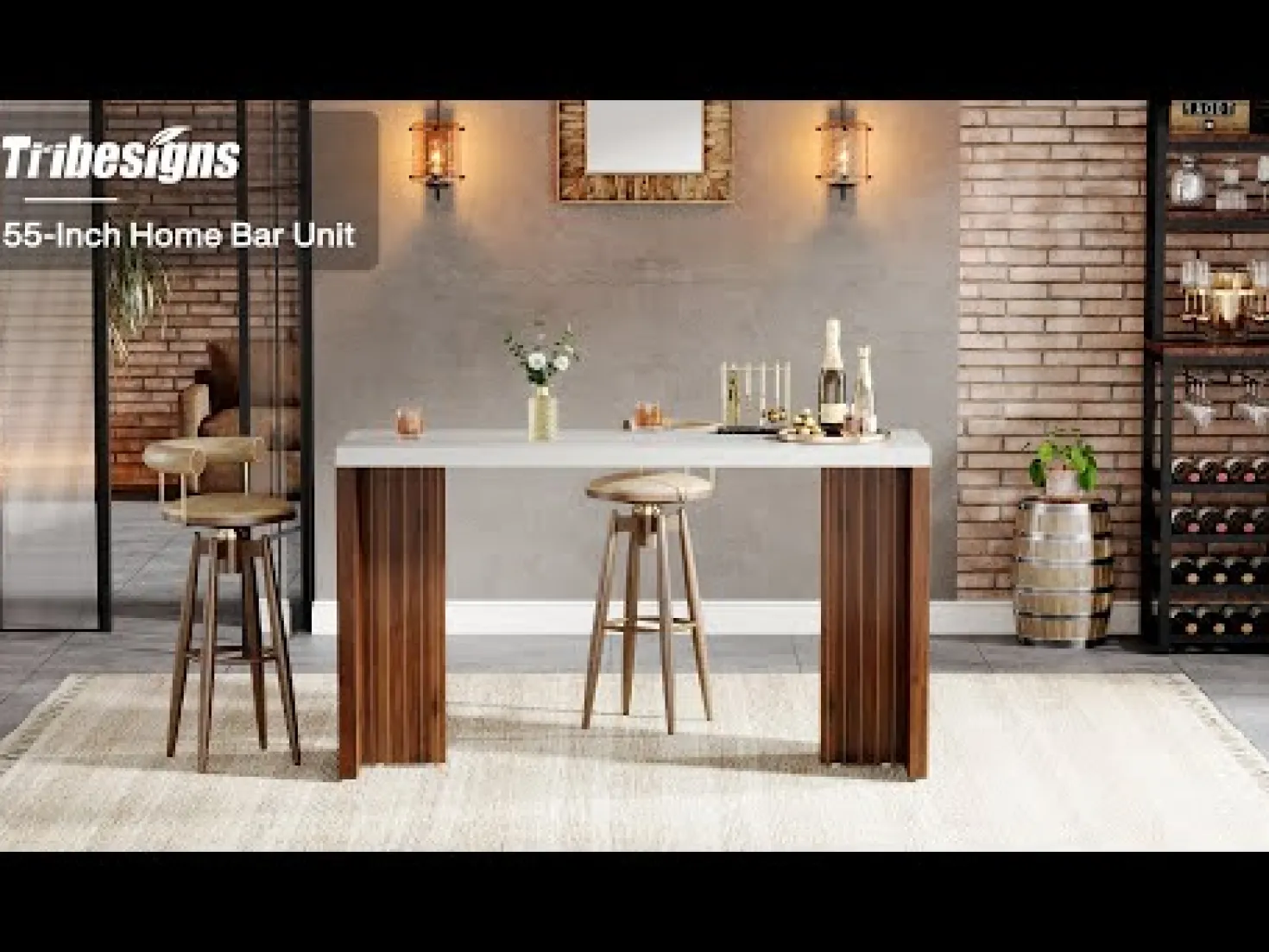 55" Bar Table, Moedern Counter Height Pub Table with Faux Marble Tabletop