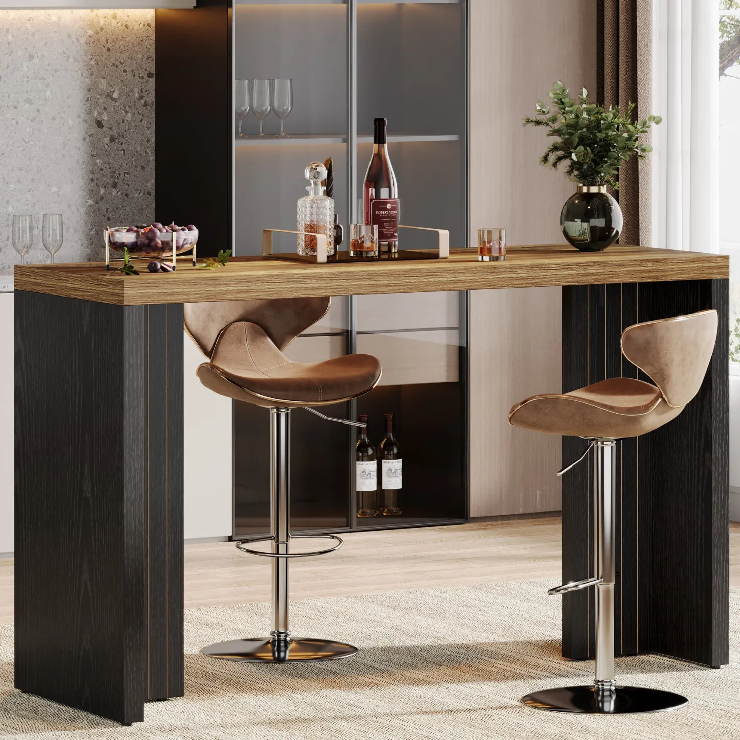 55" Bar Table, Moedern Counter Height Pub Table with Faux Marble Tabletop