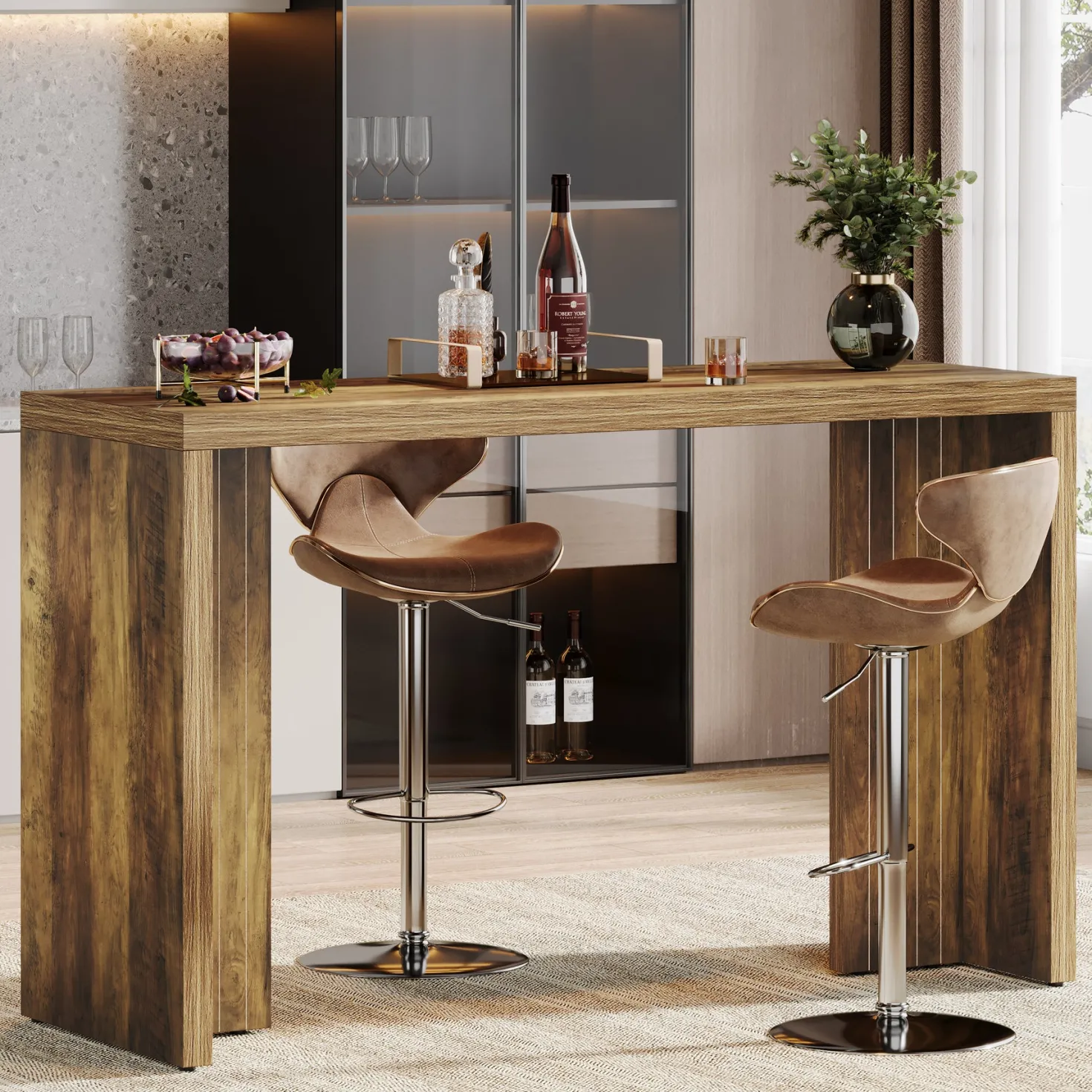 55" Bar Table, Moedern Counter Height Pub Table with Faux Marble Tabletop