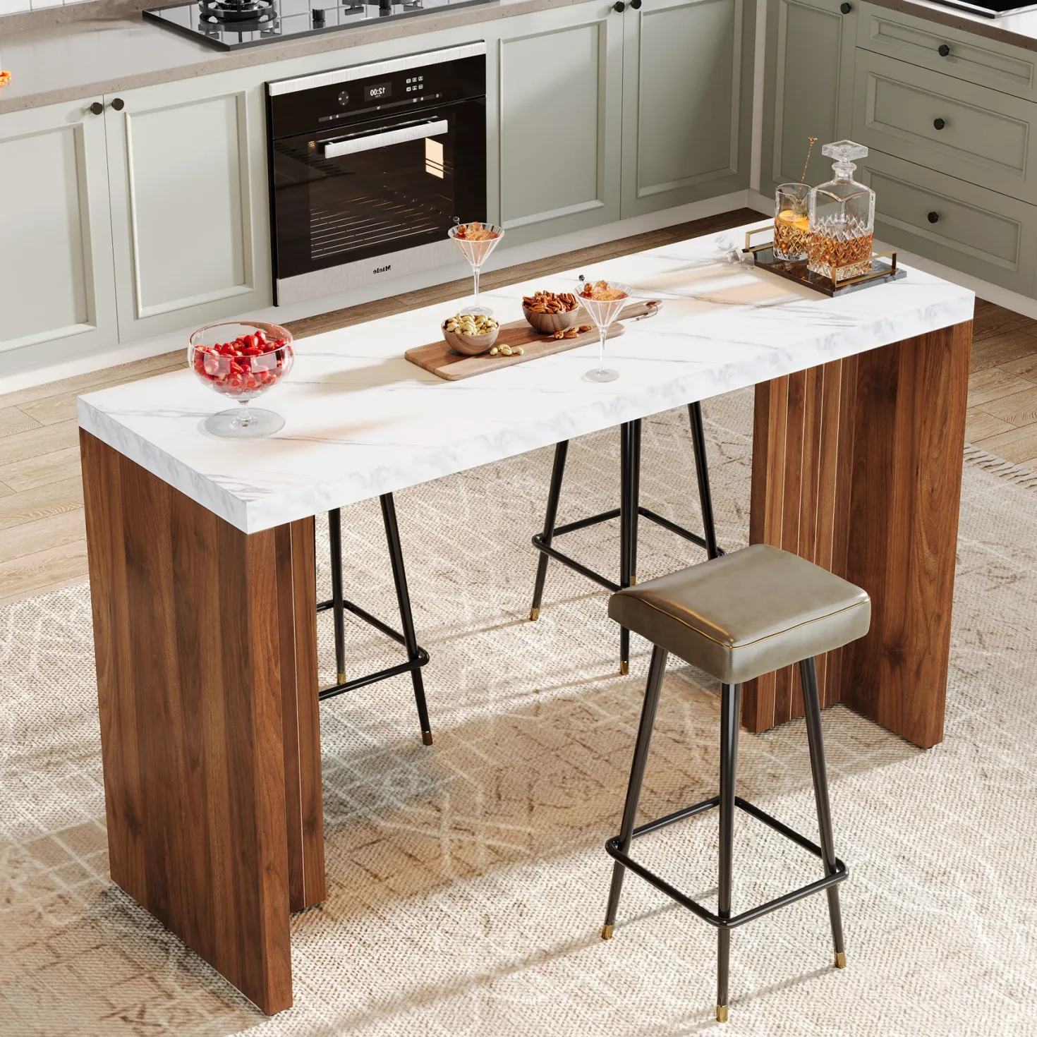 55" Bar Table, Moedern Counter Height Pub Table with Faux Marble Tabletop