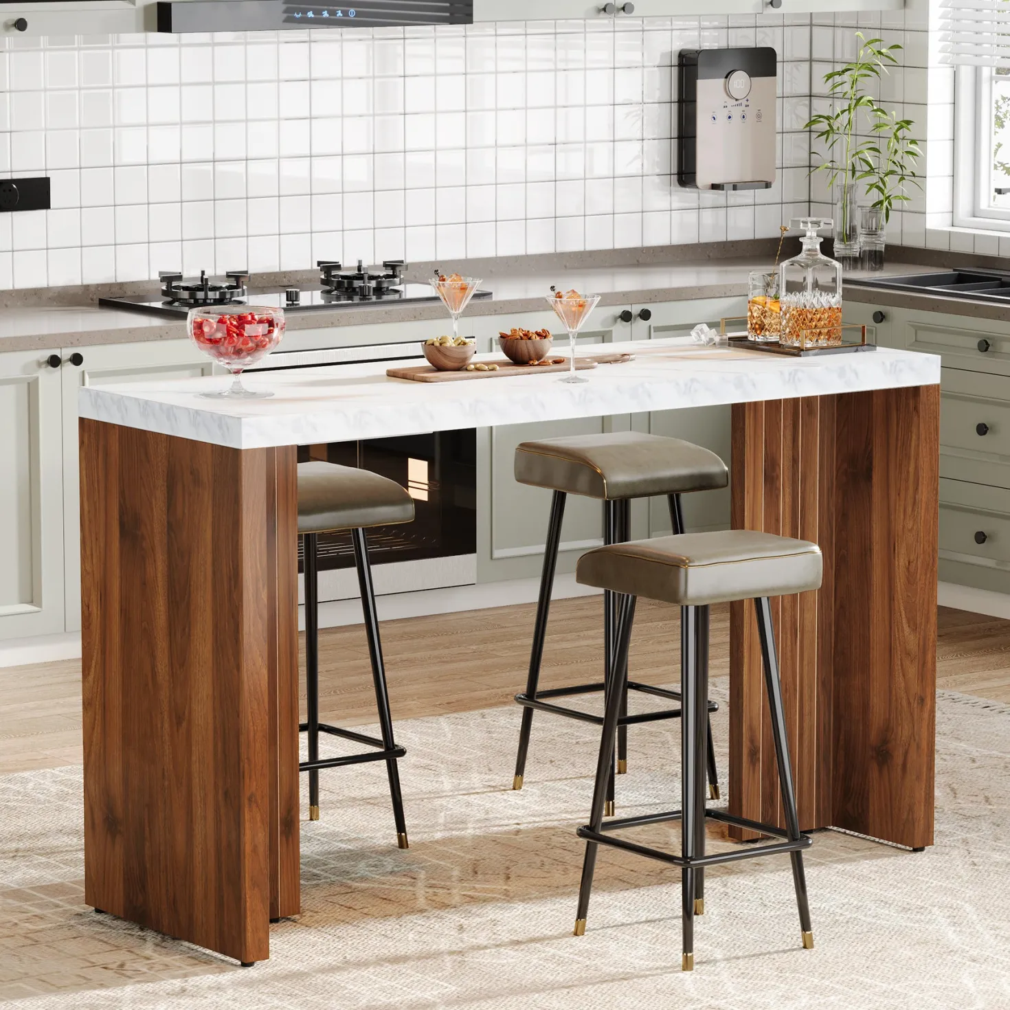 55" Bar Table, Moedern Counter Height Pub Table with Faux Marble Tabletop
