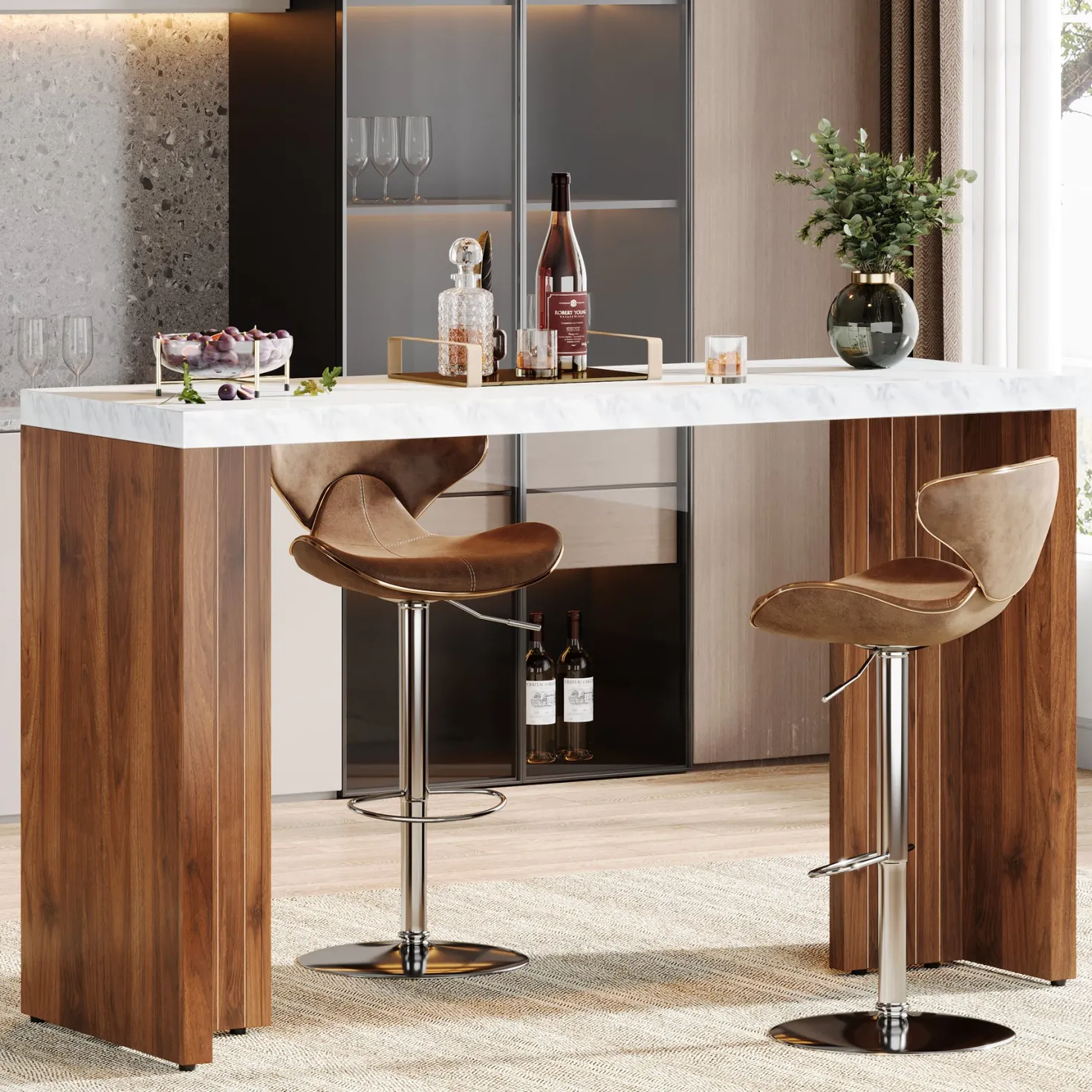 55" Bar Table, Moedern Counter Height Pub Table with Faux Marble Tabletop