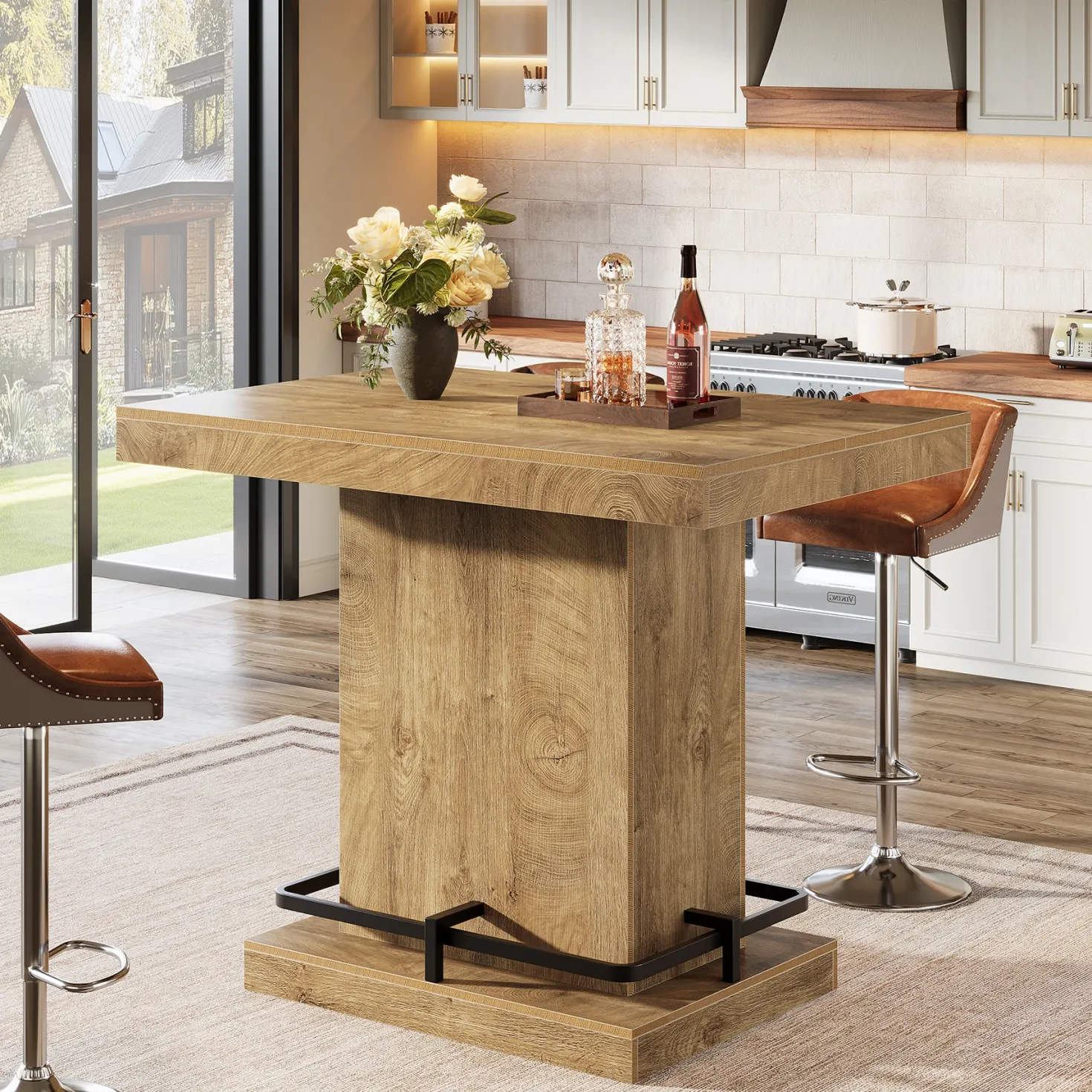 47" Bar Table, Rectangular Bistro Pub Table with Metal Footrest
