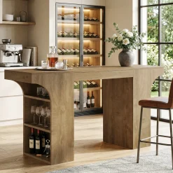 63" Bar Table, Rectangular Counter Height Pub Table with Storage Shelves