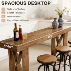 63" Bar Table, Rectangular Counter Height Pub Table with X-Shaped Frame