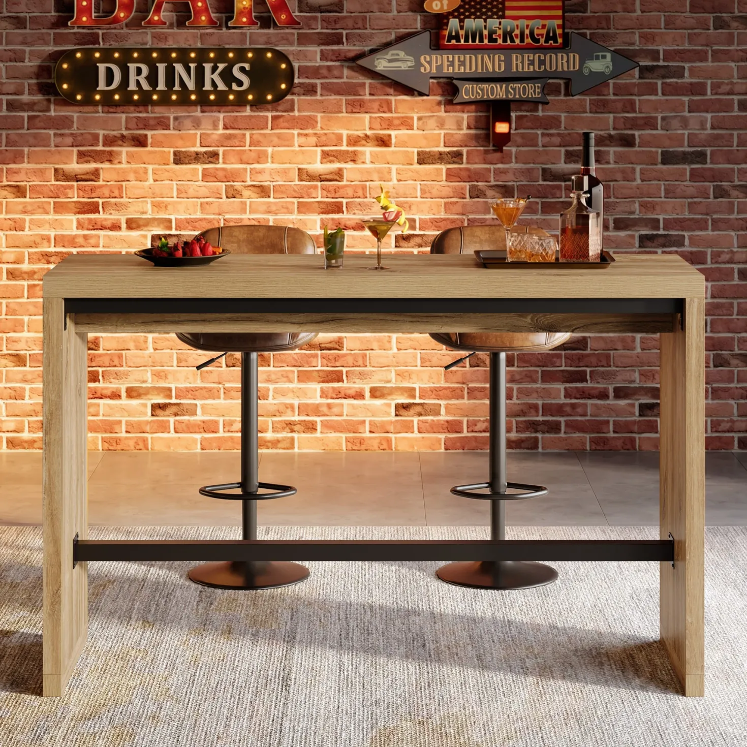 55" Bar Table, Rectangular Counter Height Pub Table with Metal Footrest