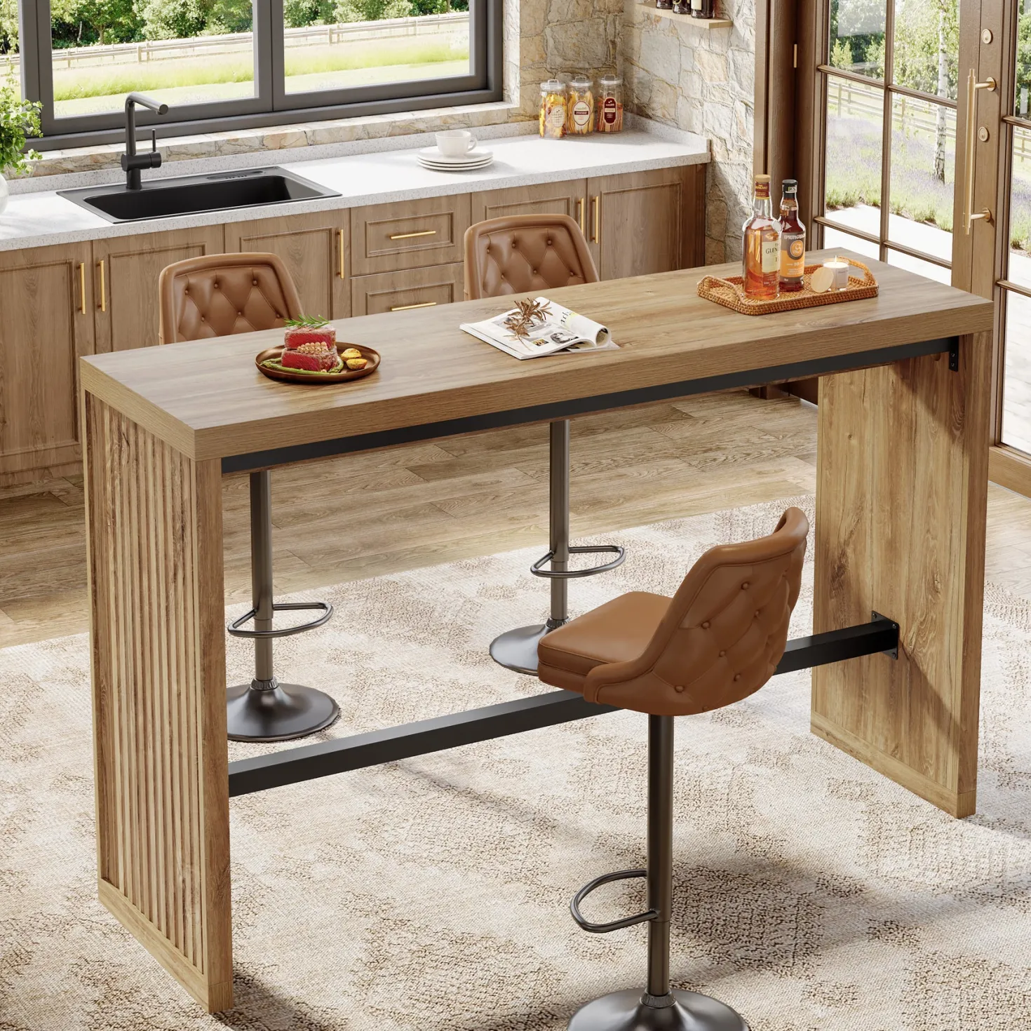 55" Bar Table, Rectangular Counter Height Pub Table with Metal Footrest