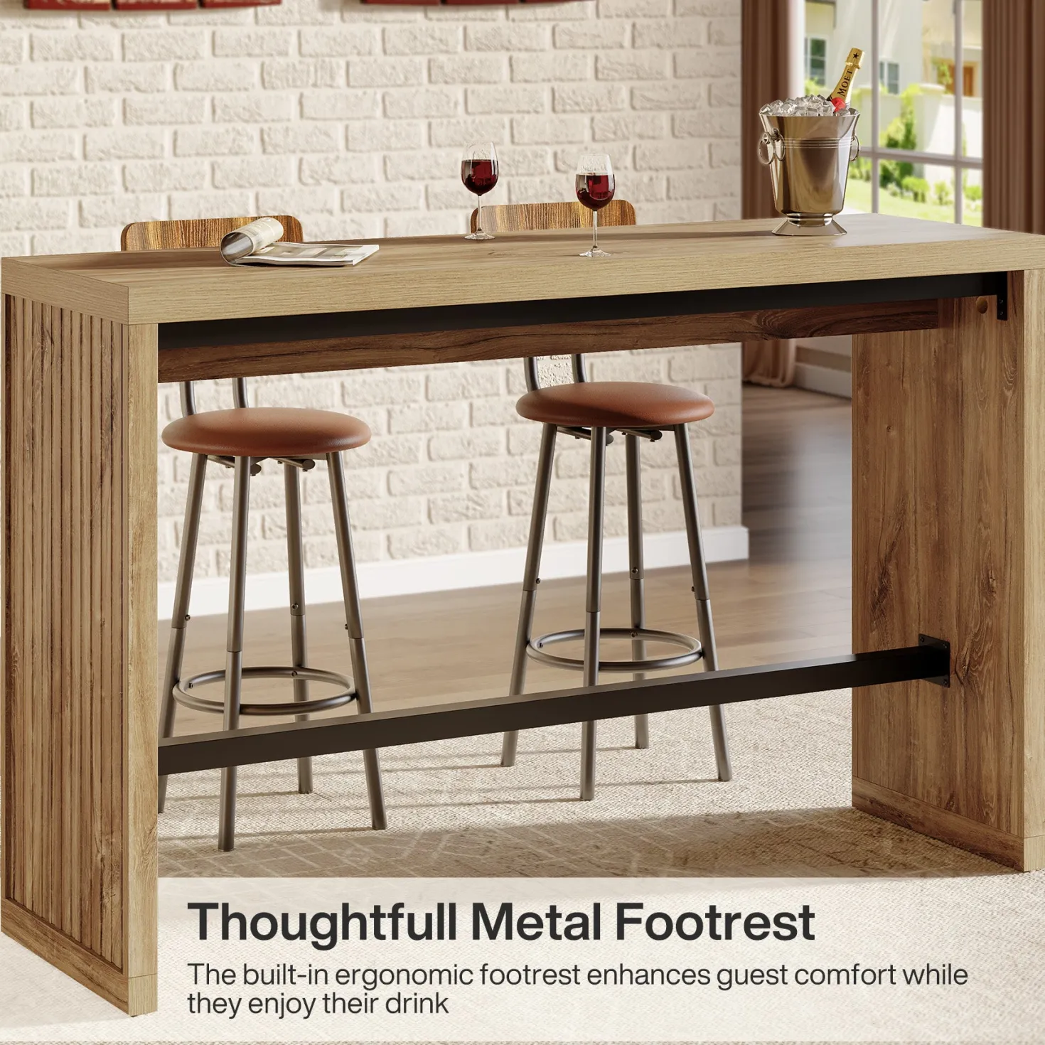 55" Bar Table, Rectangular Counter Height Pub Table with Metal Footrest