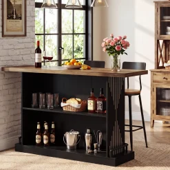 63" Bar Table, Rectangular Home Bar Unit with 2-Tier Storage Shelf for Kitchen