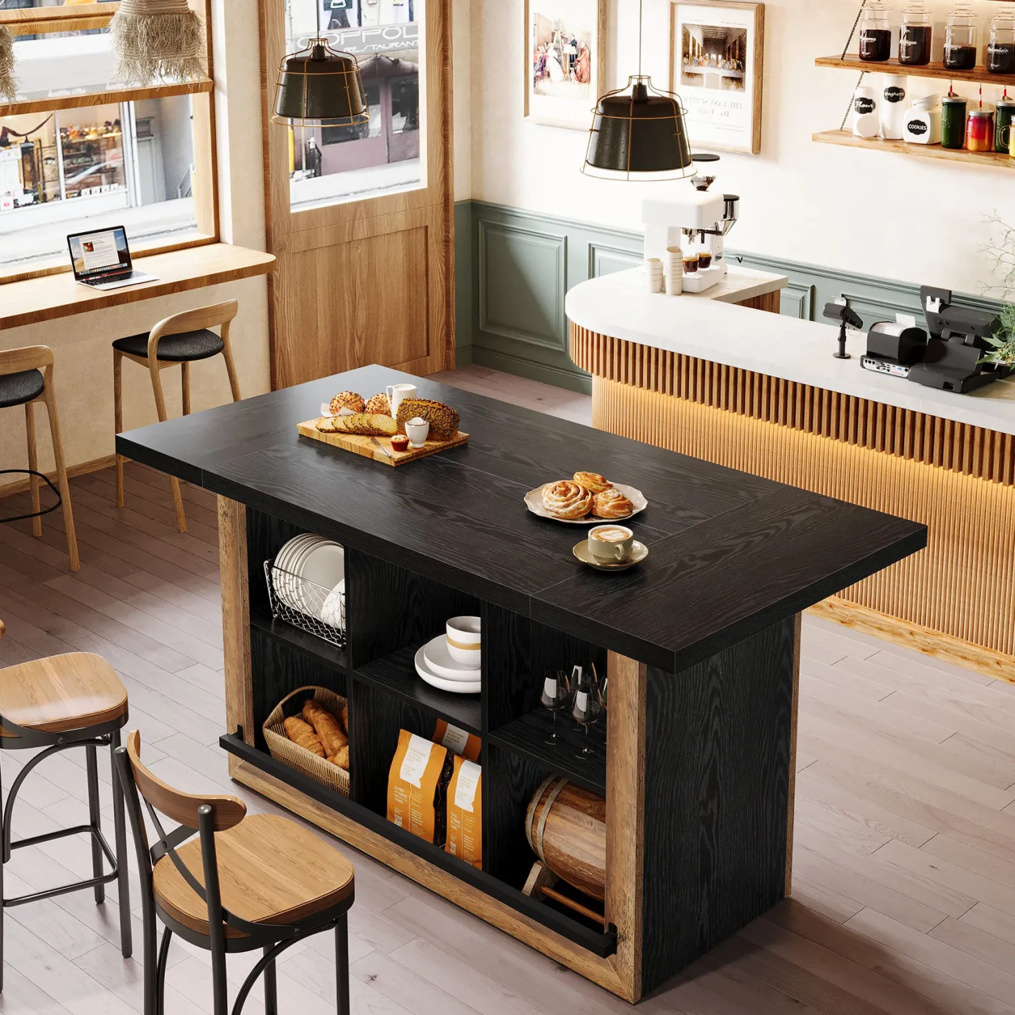 62.6" Bar Table, Rectangular Home Bar Cabinet Unit with 6 Spacious Cubbies