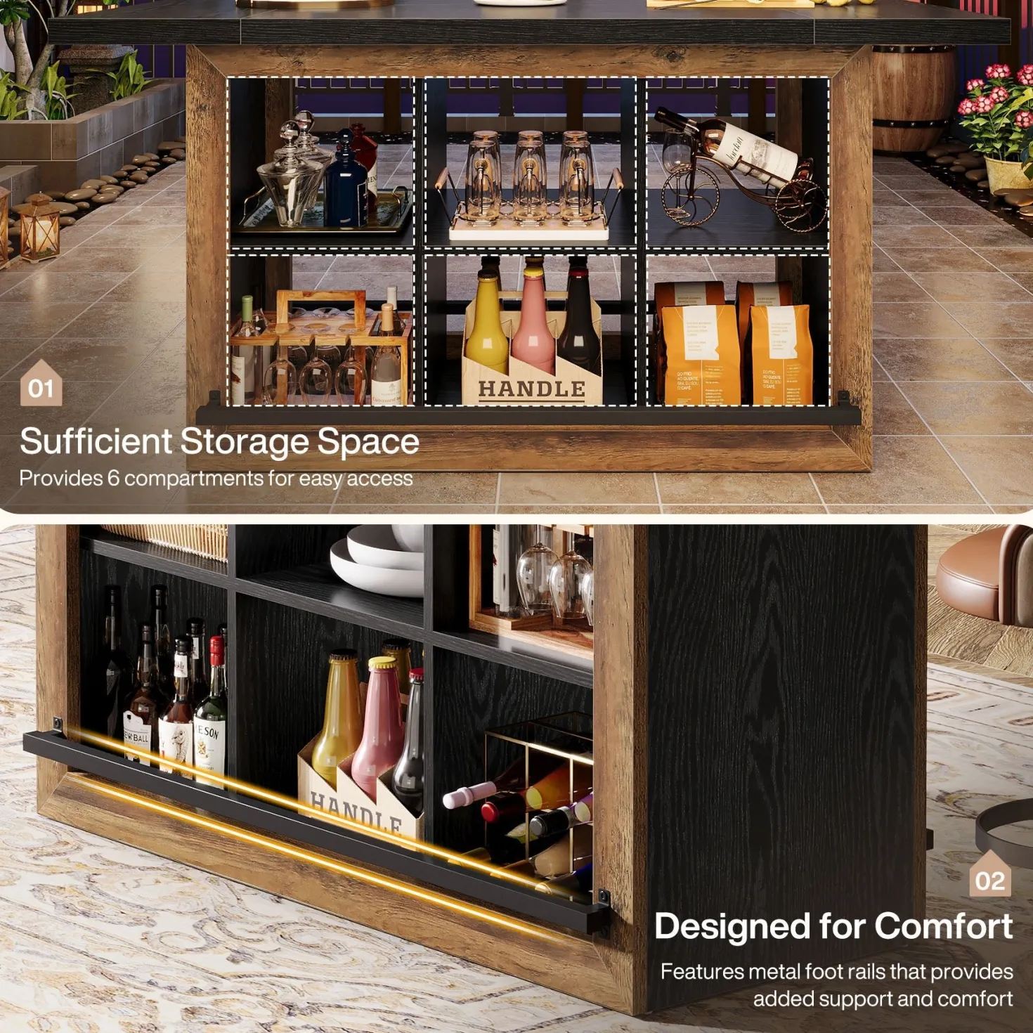 62.6" Bar Table, Rectangular Home Bar Cabinet Unit with 6 Spacious Cubbies