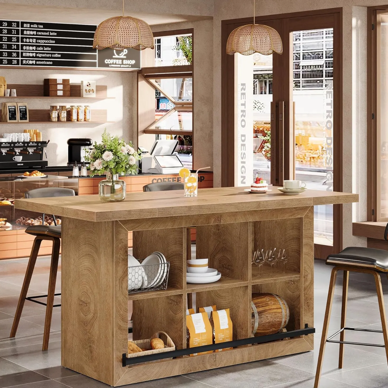 62.6" Bar Table, Rectangular Home Bar Cabinet Unit with 6 Spacious Cubbies