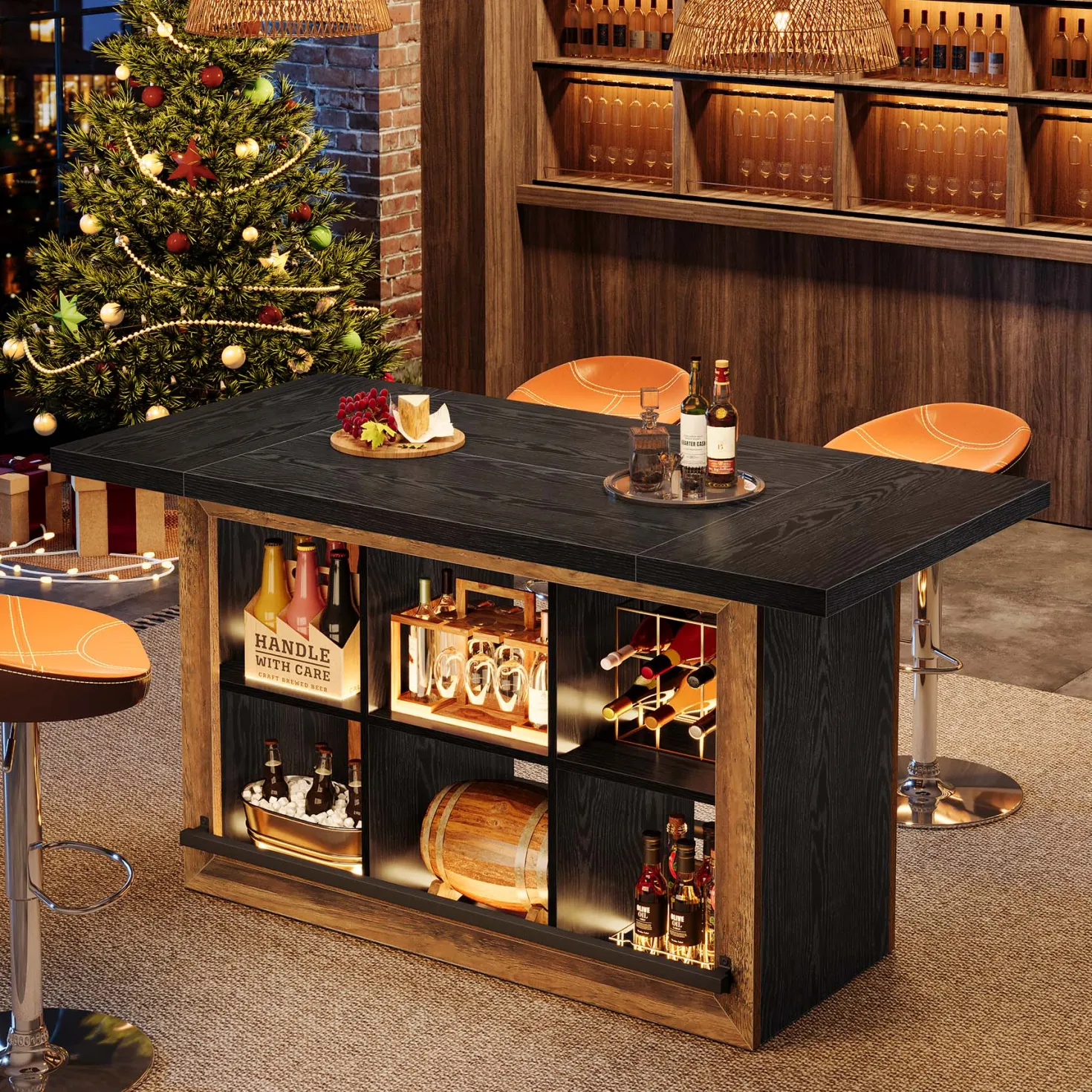 62.6" Bar Table, Rectangular Home Bar Cabinet Unit with 6 Spacious Cubbies