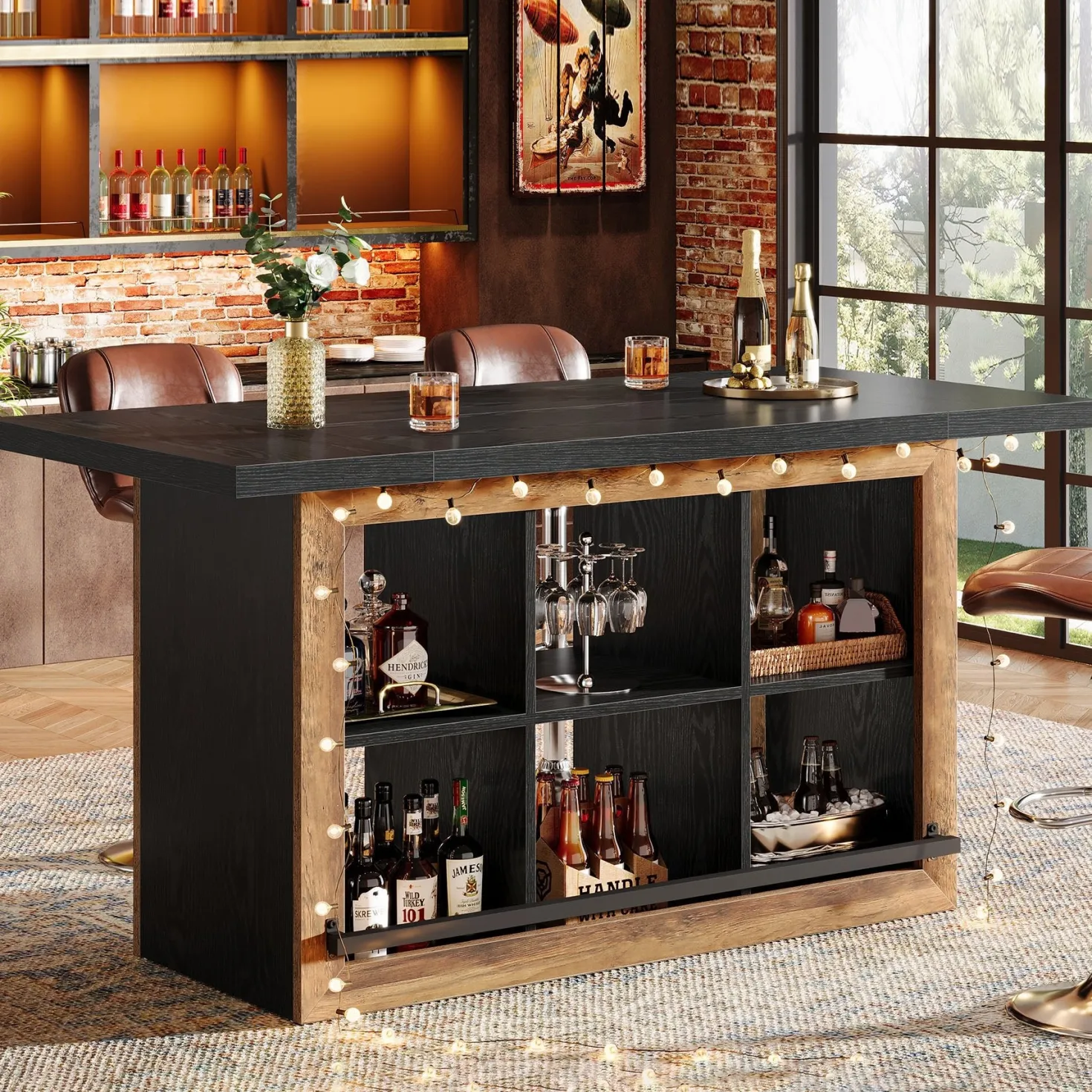 62.6" Bar Table, Rectangular Home Bar Cabinet Unit with 6 Spacious Cubbies