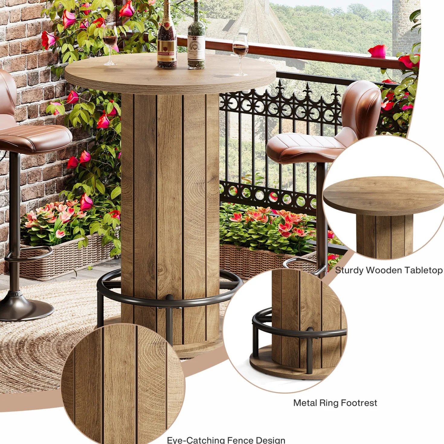31" Bar Table, Round Bistro Pub Table with Footrest for Dining Coffee Cocktail(Only Table)