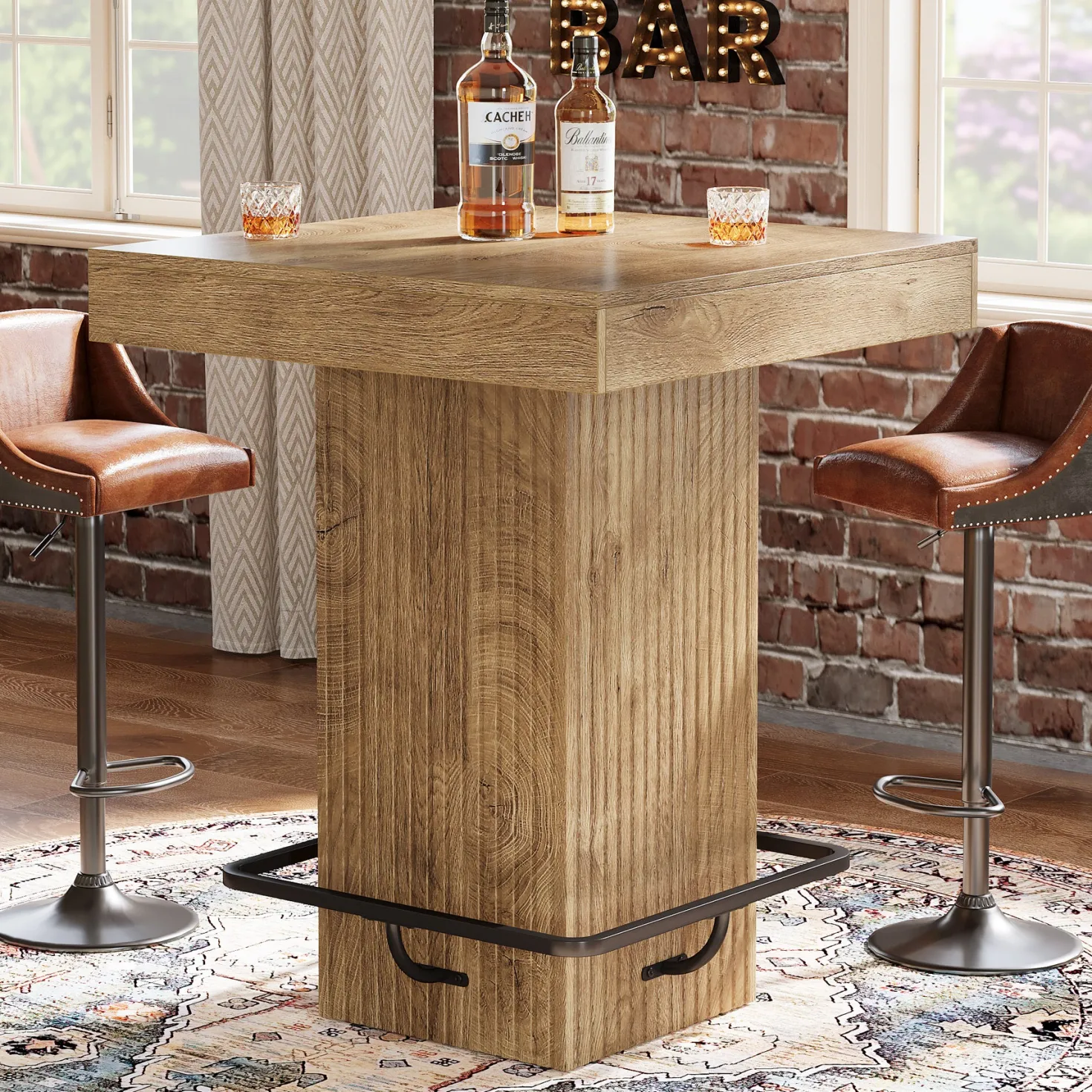 31.5" Bar Table, Square Dining Table Counter Height Table with Metal Footrest