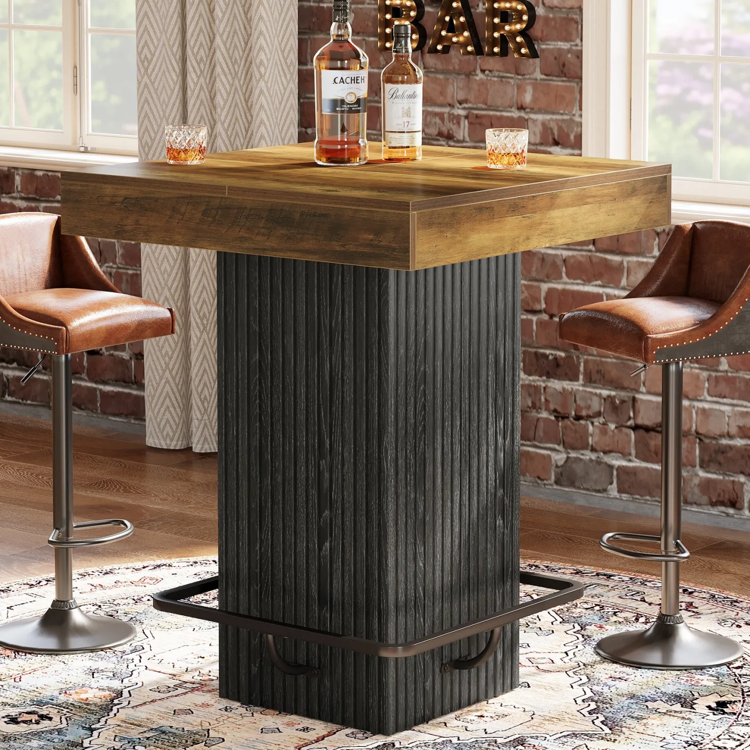 31.5" Bar Table, Square Dining Table Counter Height Table with Metal Footrest