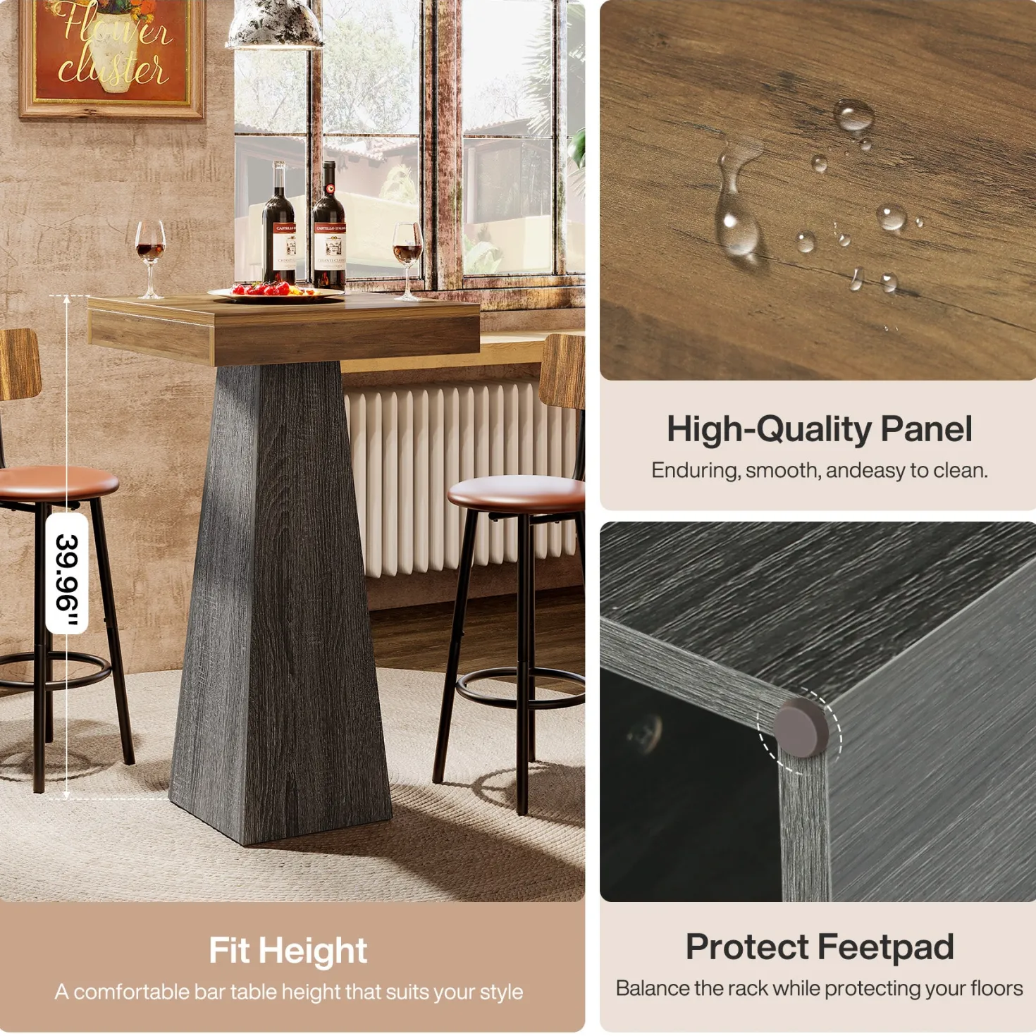 39.96" Bar Table, Square Pub Table Dining Room Table