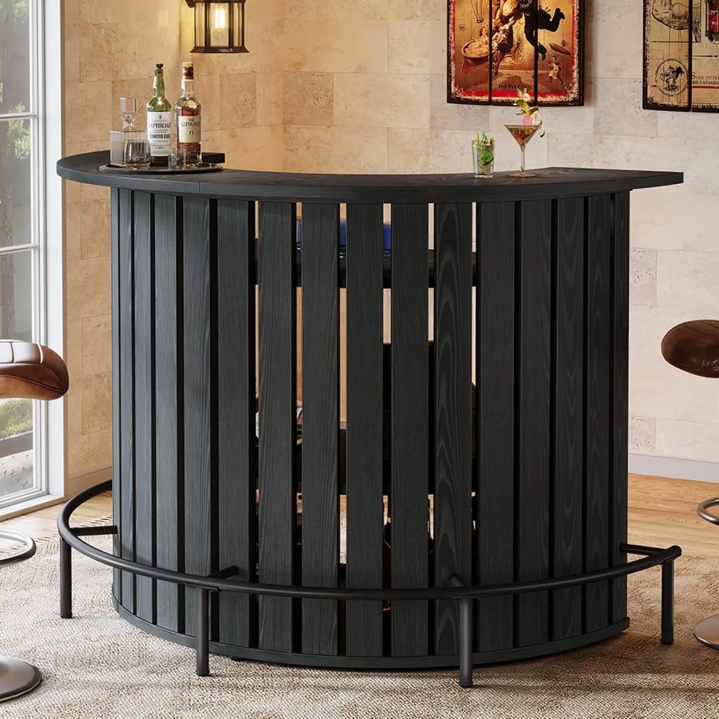 39.4" Bar Table, 4-Tier Arc-Shaped Wine Bar Cabinet with Footrest for Home Pub