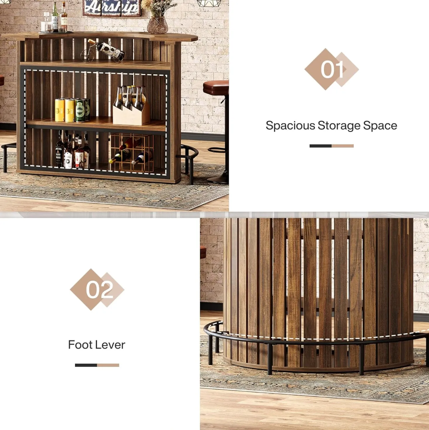 39.4" Bar Table, 4-Tier Arc-Shaped Wine Bar Cabinet with Footrest for Home Pub