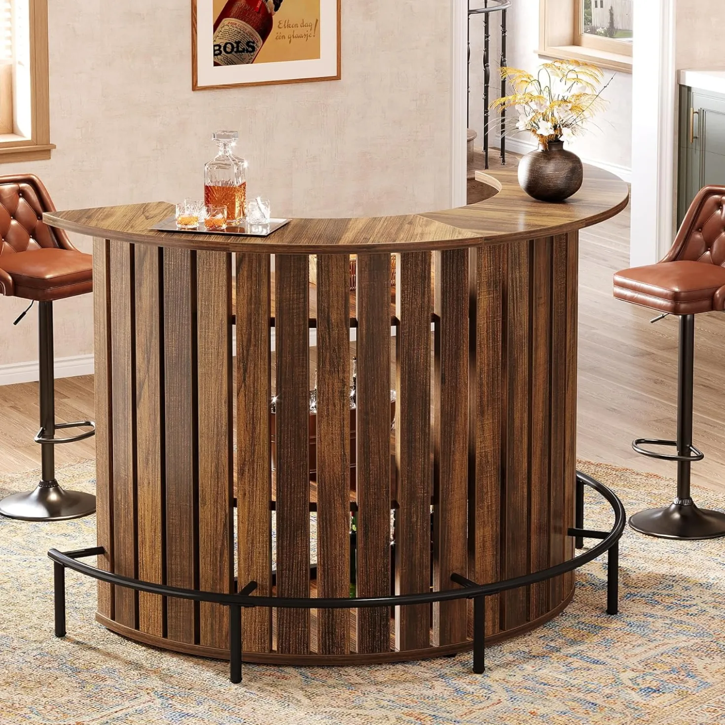 39.4" Bar Table, 4-Tier Arc-Shaped Wine Bar Cabinet with Footrest for Home Pub