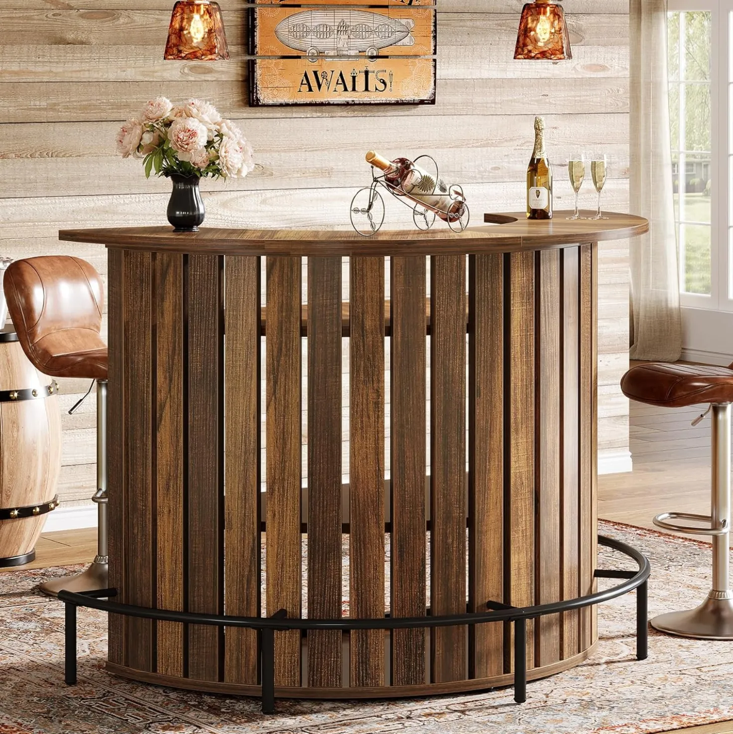 39.4" Bar Table, 4-Tier Arc-Shaped Wine Bar Cabinet with Footrest for Home Pub