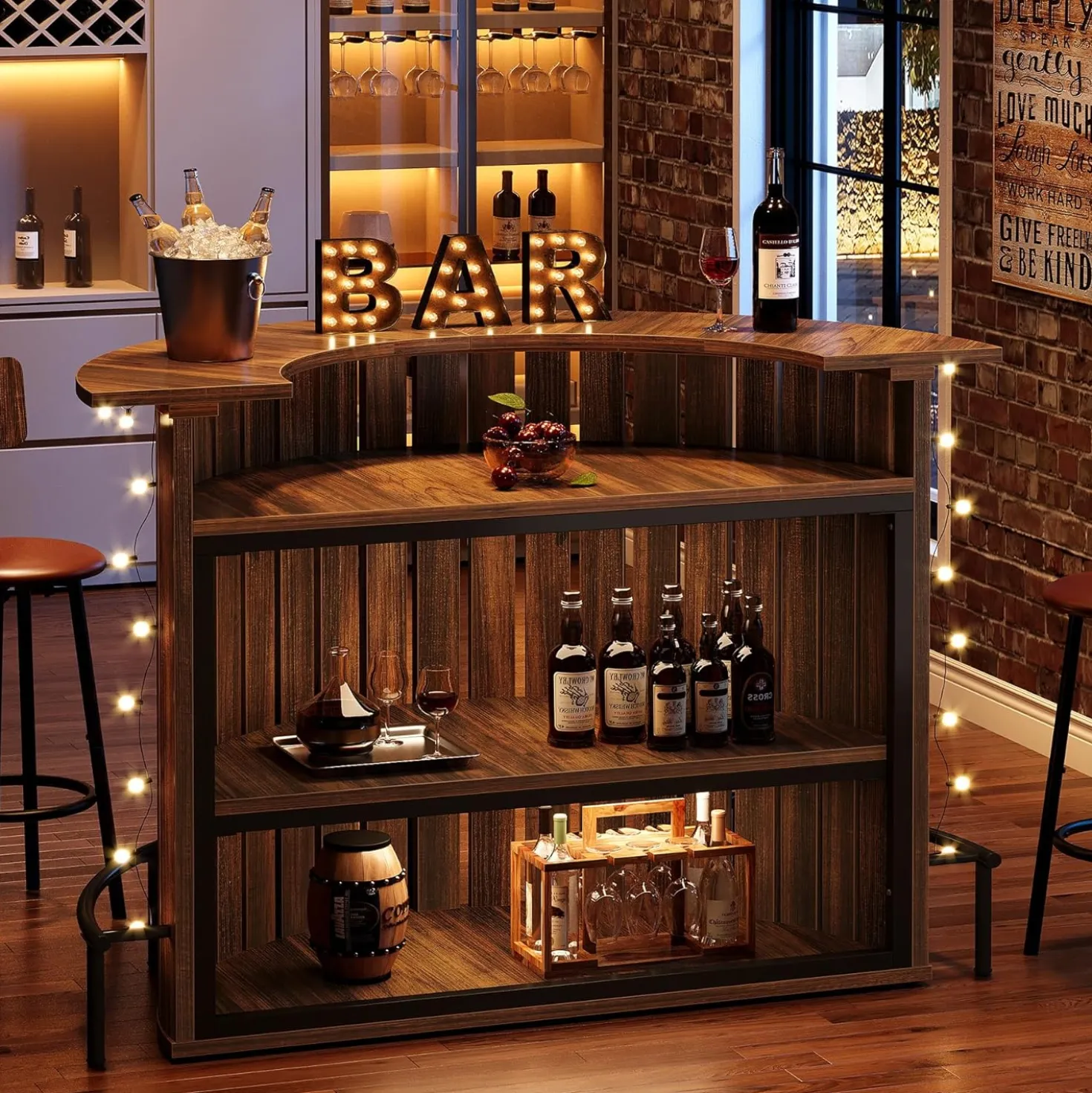 39.4" Bar Table, 4-Tier Arc-Shaped Wine Bar Cabinet with Footrest for Home Pub