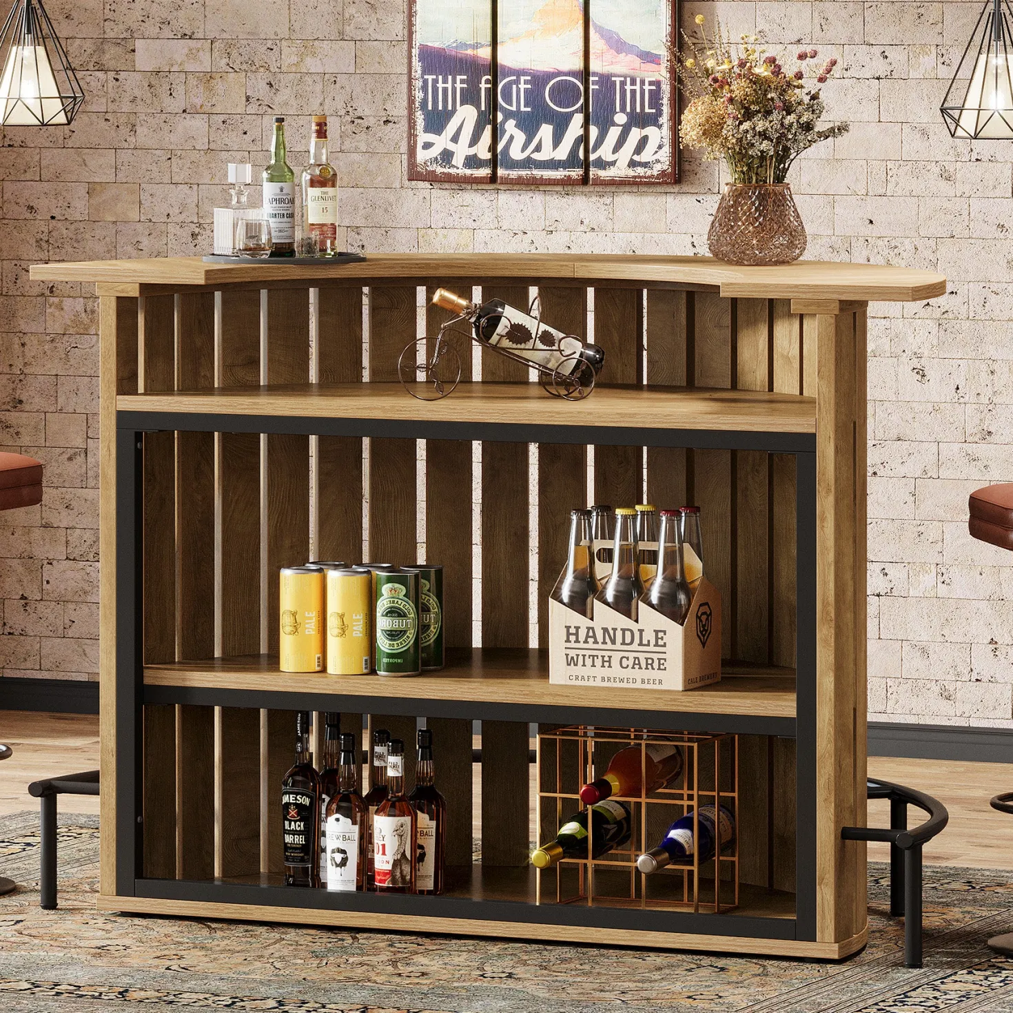 39.4" Bar Table, 4-Tier Arc-Shaped Wine Bar Cabinet with Footrest for Home Pub