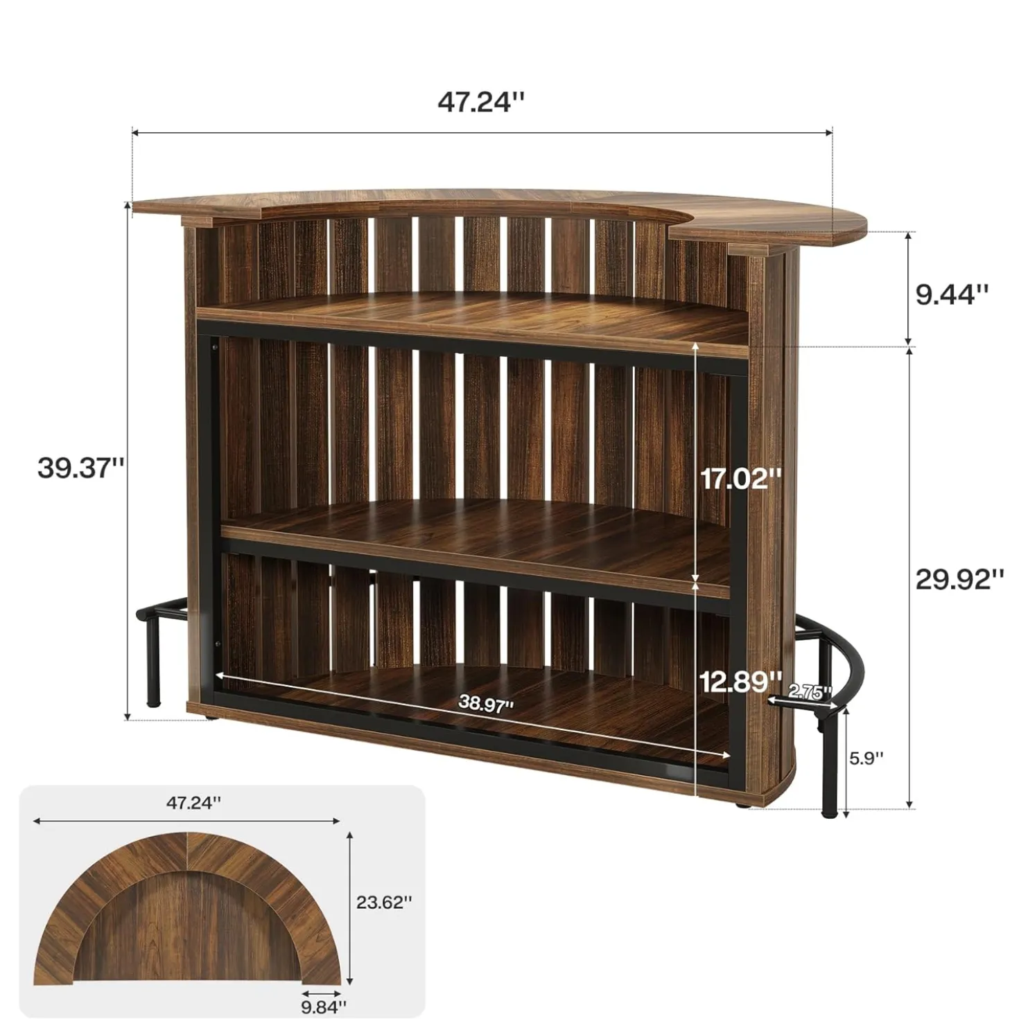 39.4" Bar Table, 4-Tier Arc-Shaped Wine Bar Cabinet with Footrest for Home Pub