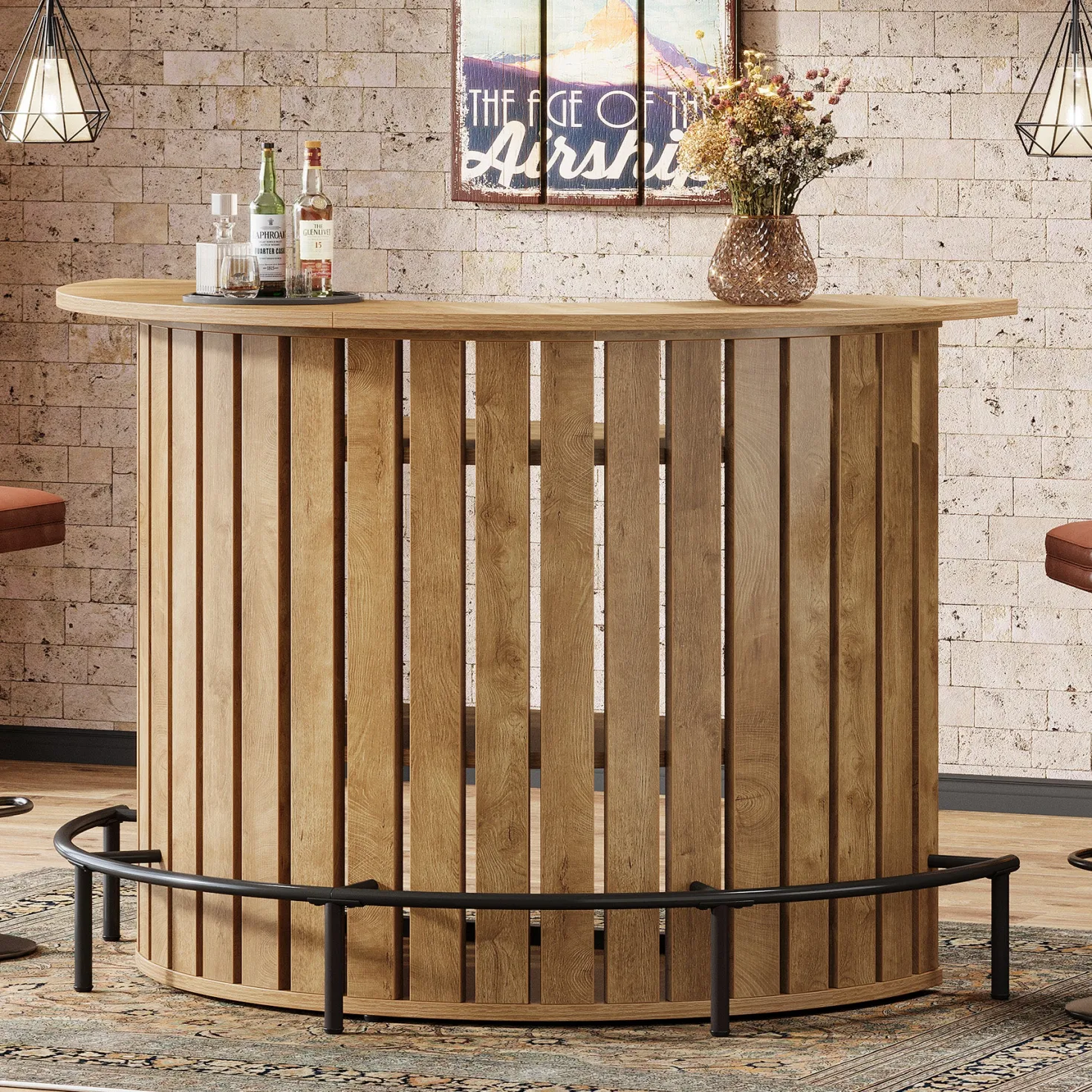 39.4" Bar Table, 4-Tier Arc-Shaped Wine Bar Cabinet with Footrest for Home Pub