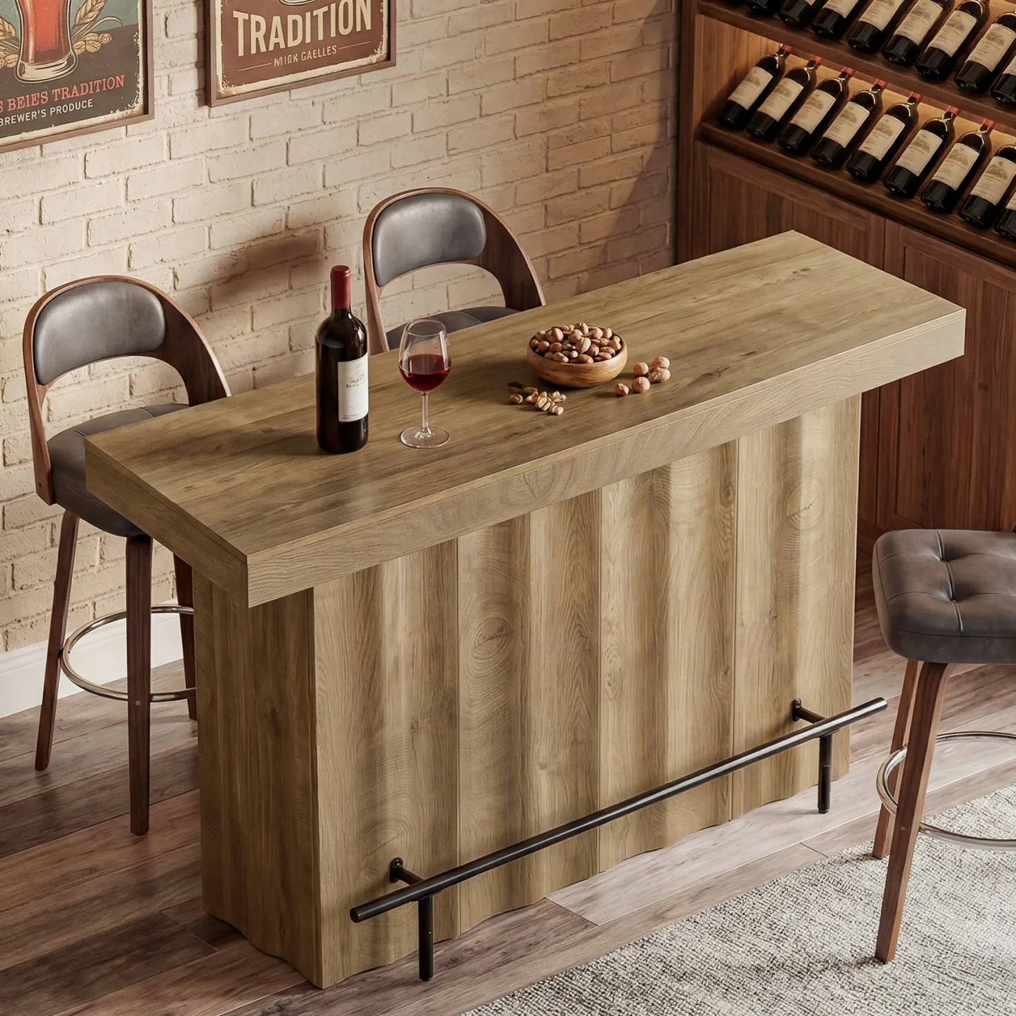 63" Bar Table, 2-Tier Bar Unit Counter Height Pub Table with Storage Shelves