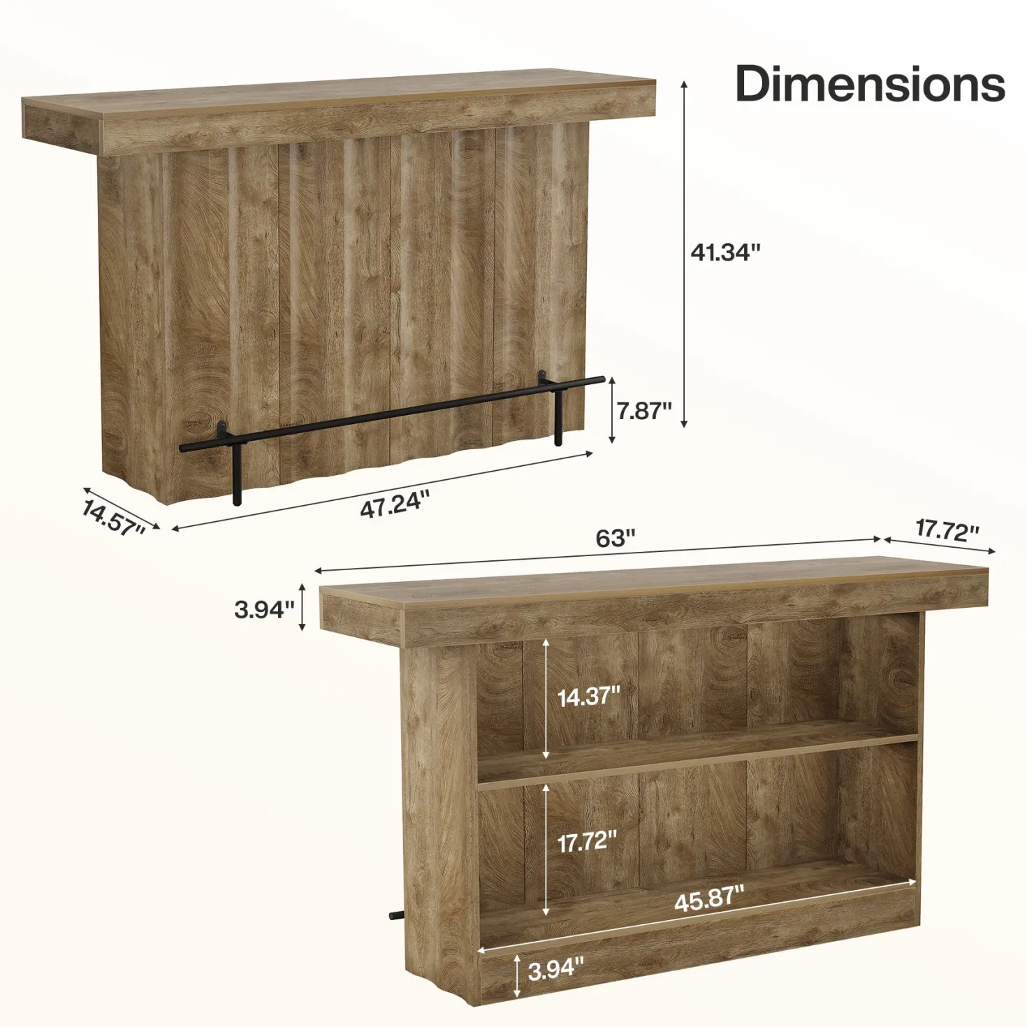 63" Bar Table, 2-Tier Bar Unit Counter Height Pub Table with Storage Shelves