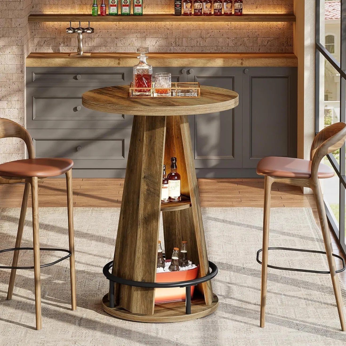 39.4" Bar Table, 3-Tier High Top Bistro Table Cocktail Pub Tables with Metal Footrest