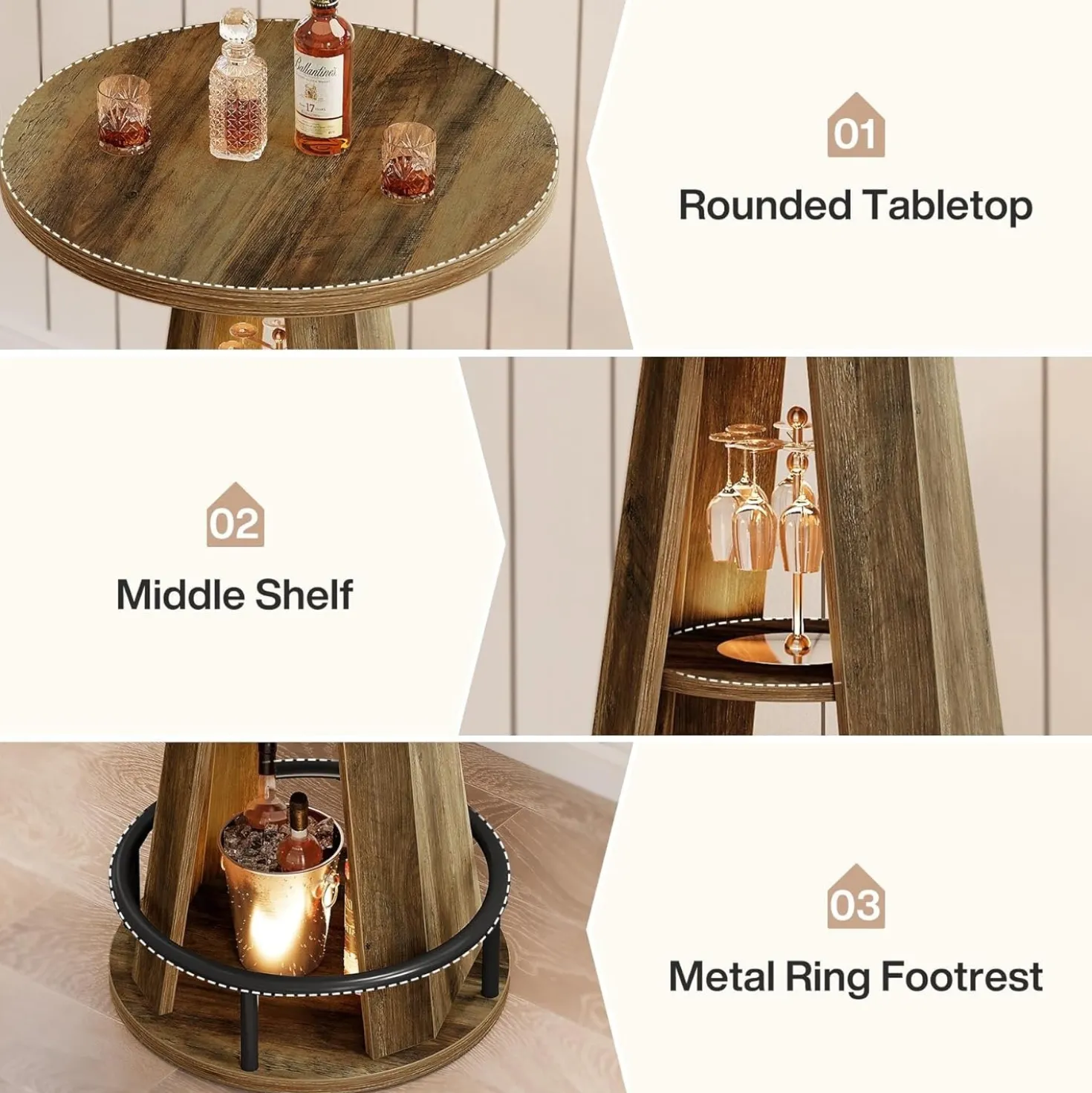 39.4" Bar Table, 3-Tier High Top Bistro Table Cocktail Pub Tables with Metal Footrest