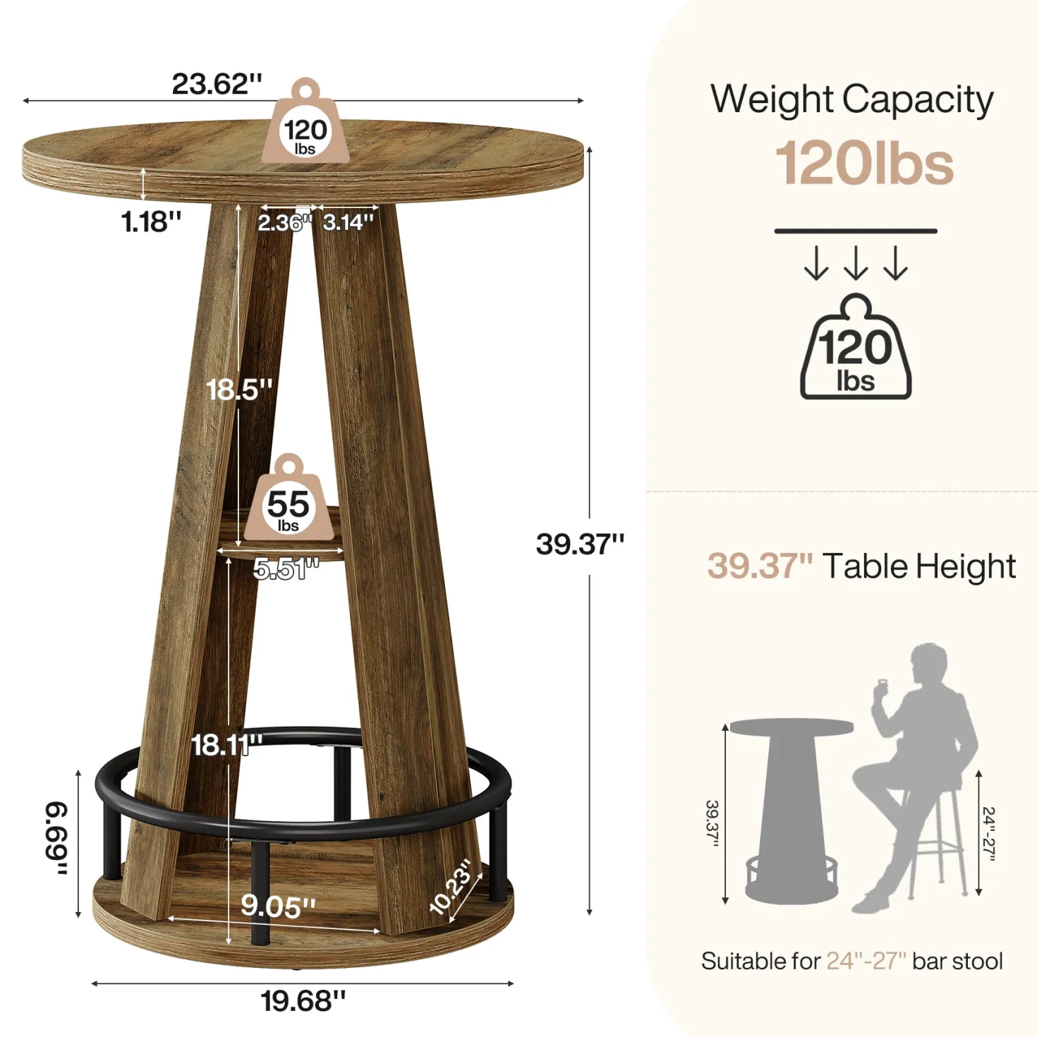 39.4" Bar Table, 3-Tier High Top Bistro Table Cocktail Pub Tables with Metal Footrest