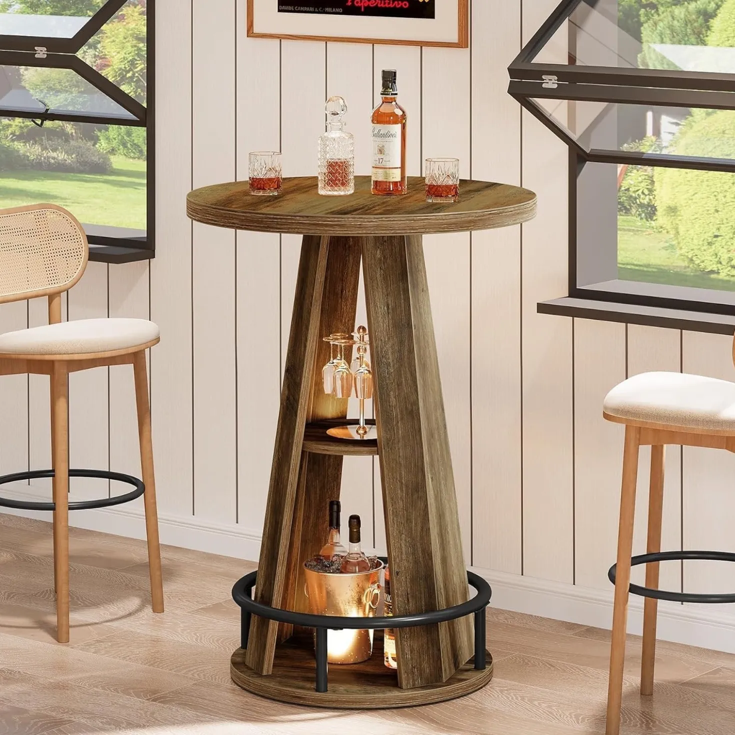 39.4" Bar Table, 3-Tier High Top Bistro Table Cocktail Pub Tables with Metal Footrest
