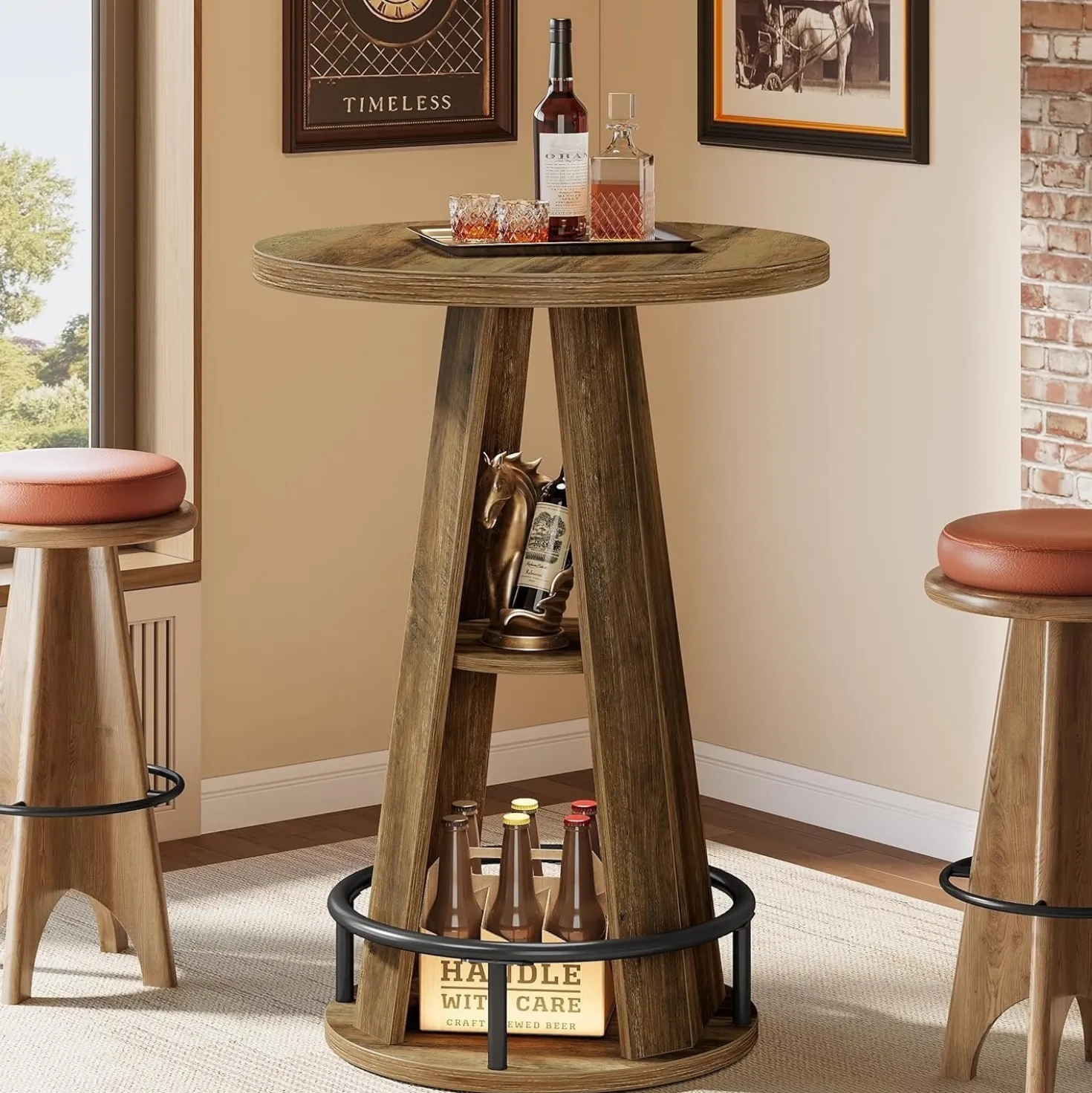 39.4" Bar Table, 3-Tier High Top Bistro Table Cocktail Pub Tables with Metal Footrest
