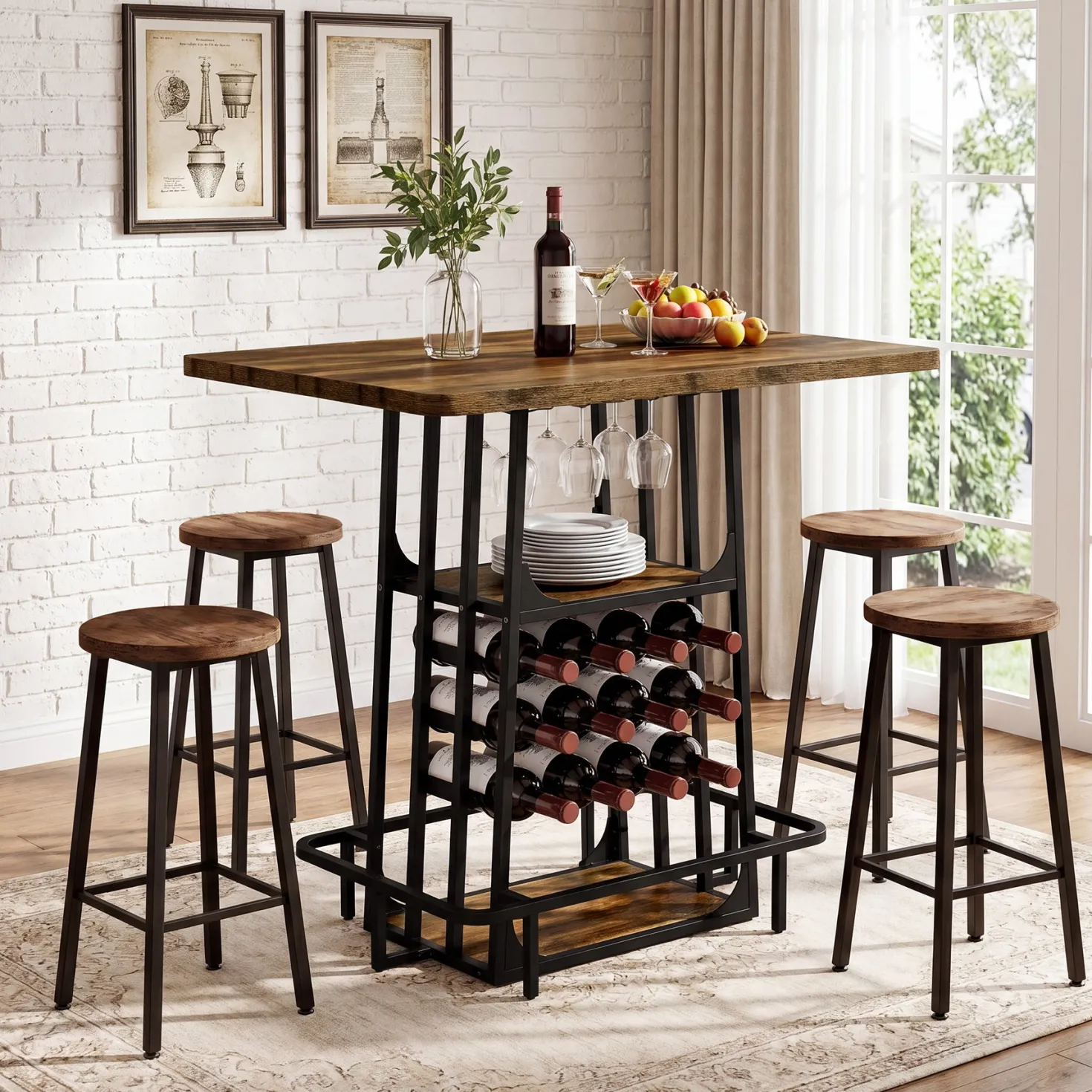 39.4" Bar Table with Storage, 3-Tier Counter Height Pub Table with Glass Holder & Wine Rack