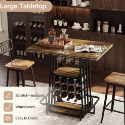 39.4" Bar Table with Storage, 3-Tier Counter Height Pub Table with Glass Holder & Wine Rack