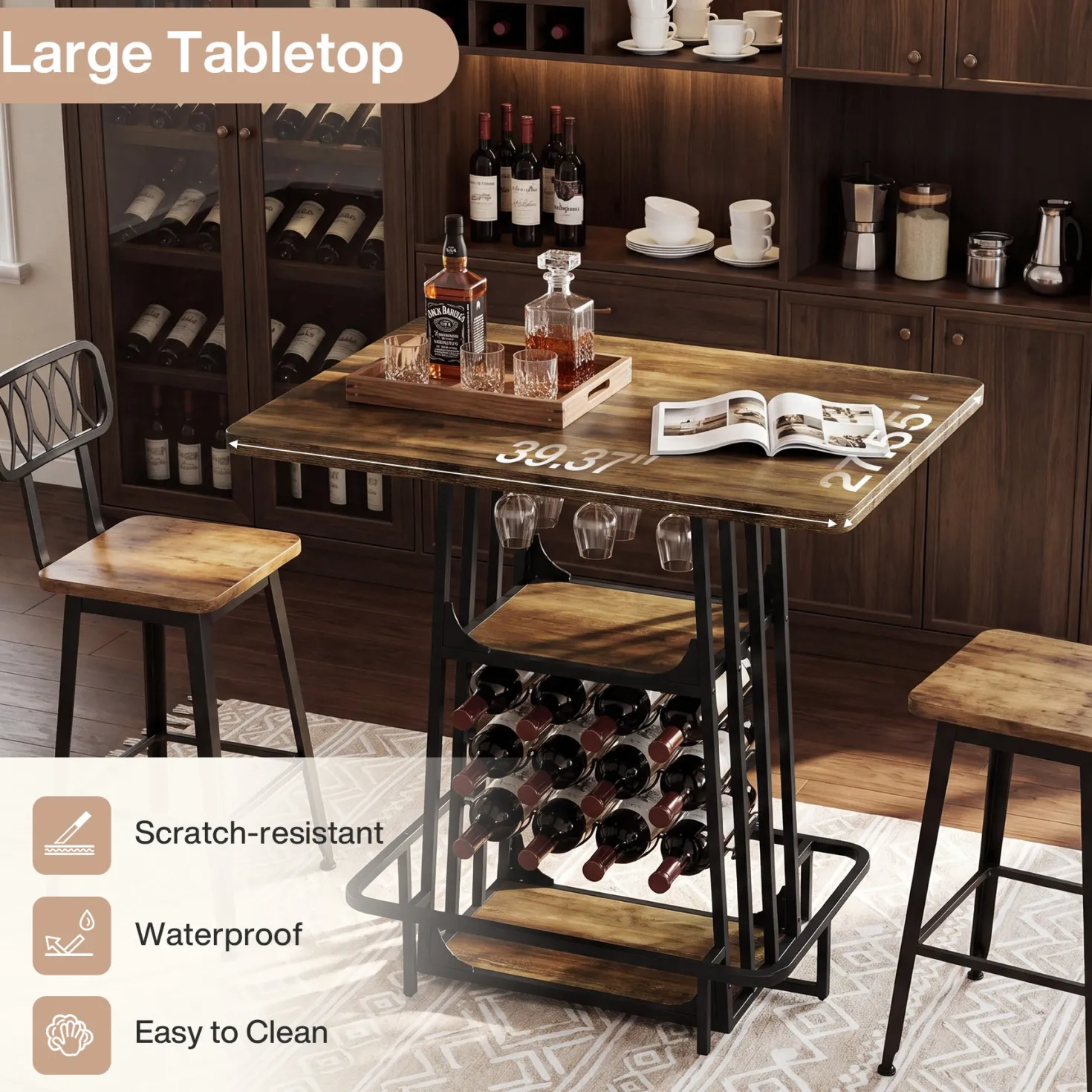 39.4" Bar Table with Storage, 3-Tier Counter Height Pub Table with Glass Holder & Wine Rack