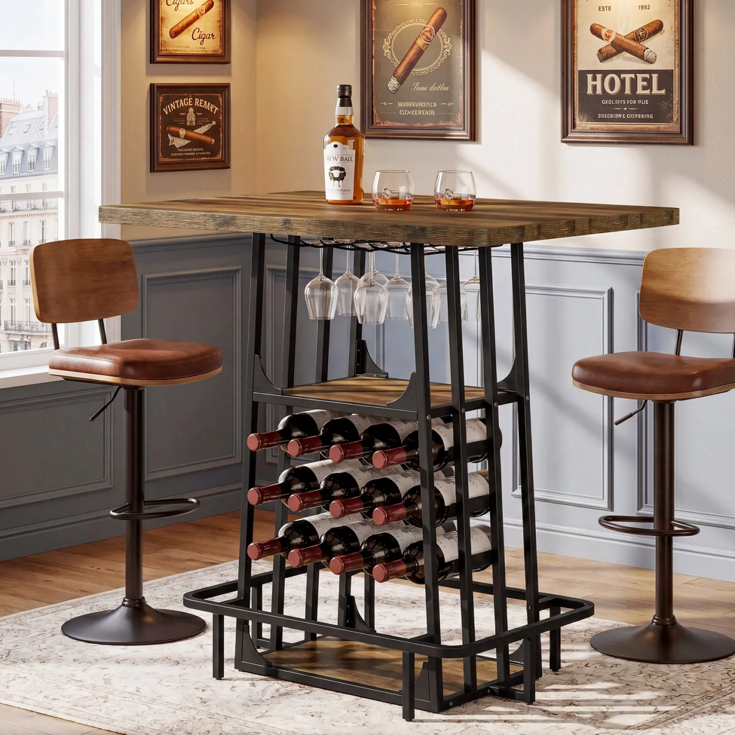 39.4" Bar Table with Storage, 3-Tier Counter Height Pub Table with Glass Holder & Wine Rack