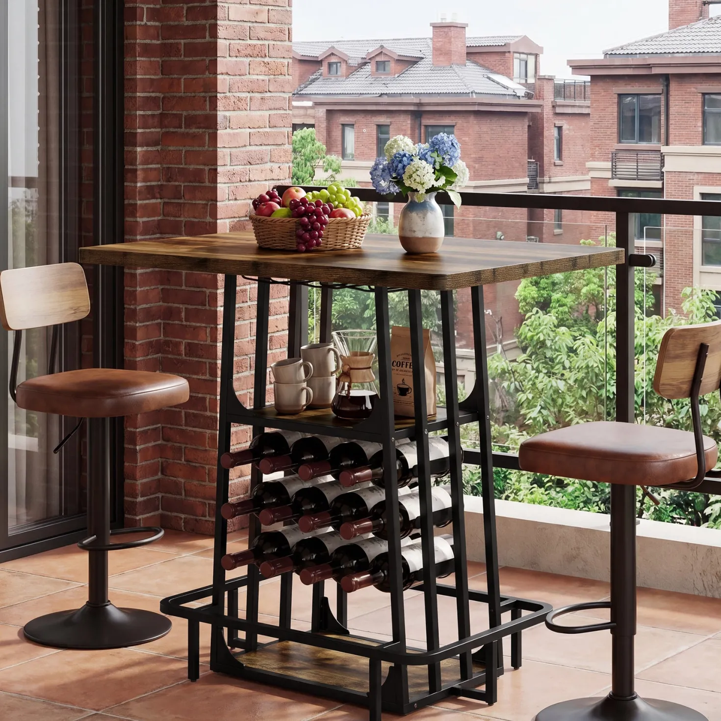 39.4" Bar Table with Storage, 3-Tier Counter Height Pub Table with Glass Holder & Wine Rack